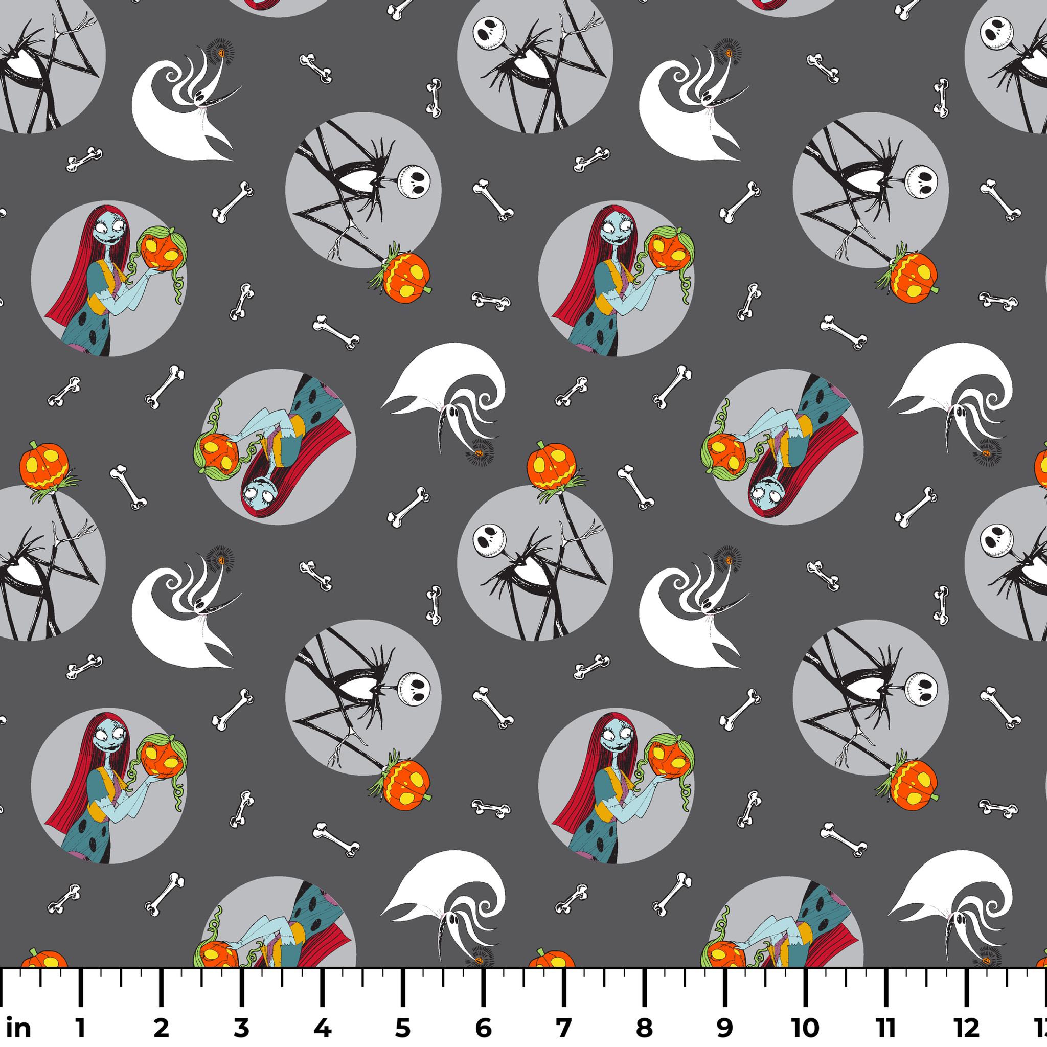 Nightmare Before Christmas themed pattern with Sally and Jack Skellington, pumpkins, bones, and ghostly designs on gray background ruler