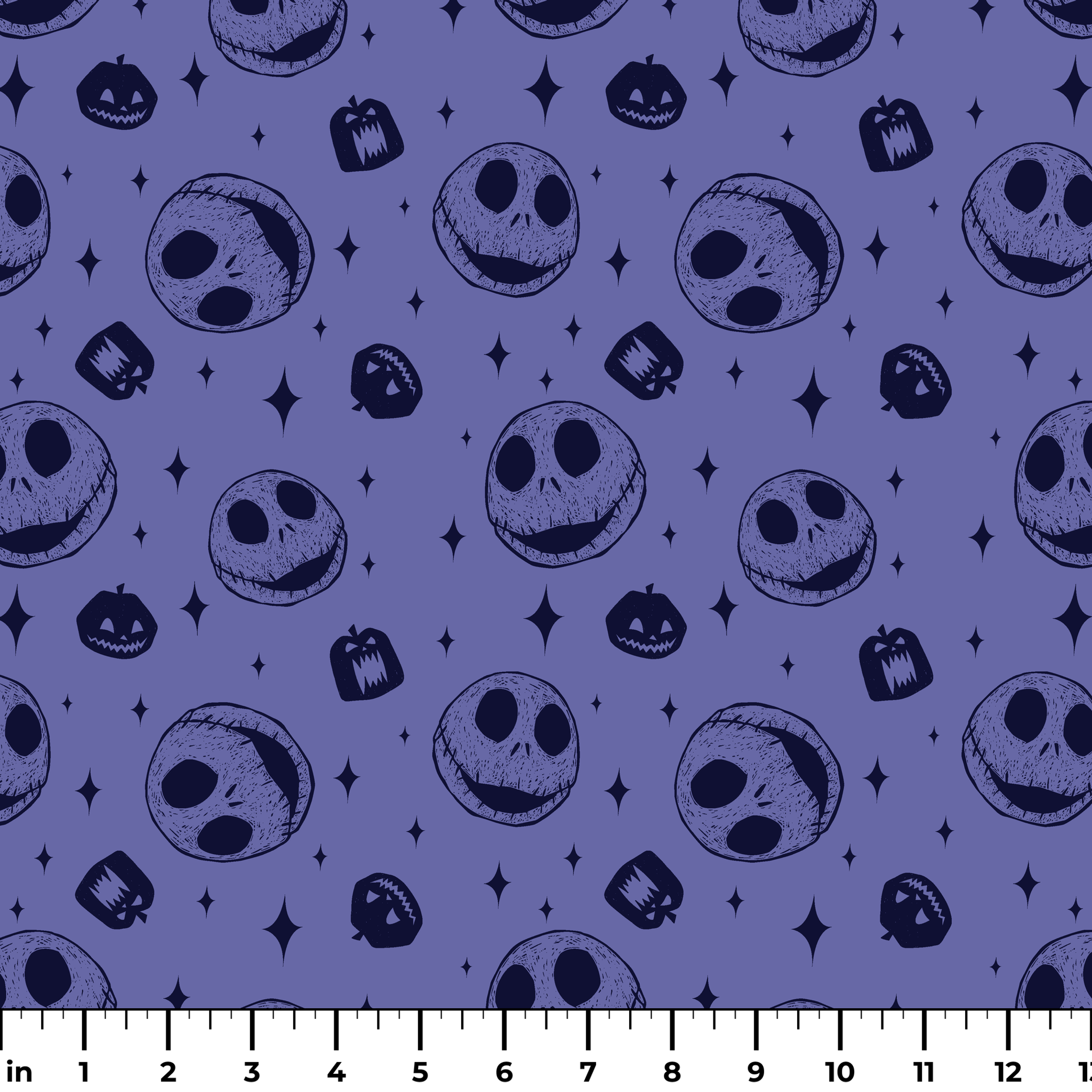 Nightmare Before Christmas skull and pumpkin pattern on purple background with black star shapes ruler
