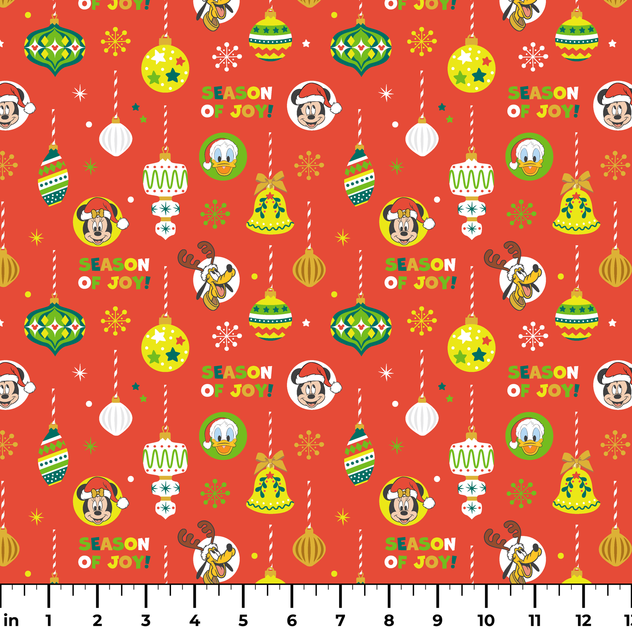Christmas ornament pattern with colorful baubles, bells, snowflakes and Mickey Mouse characters on bright red background ruler