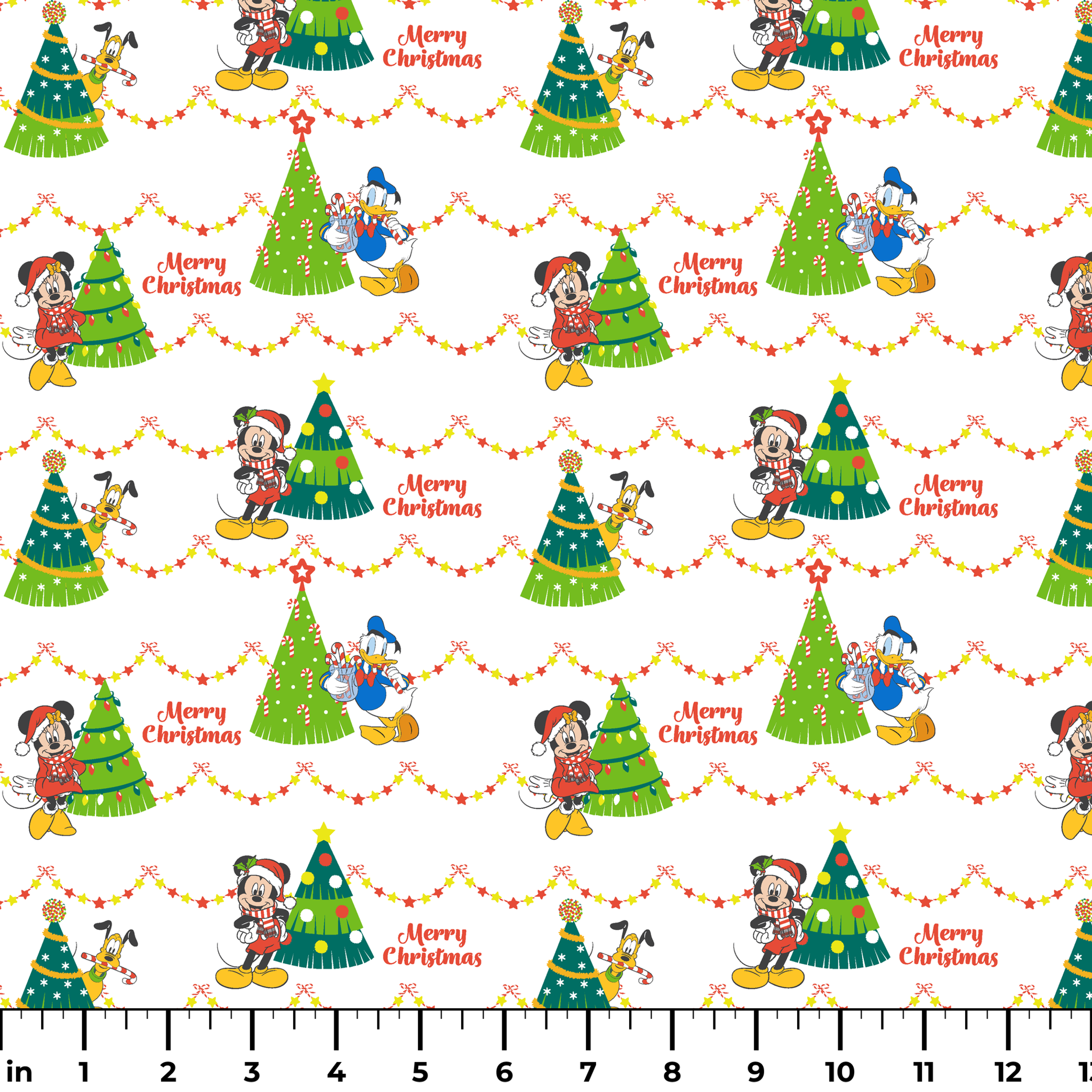 Disney Christmas pattern with Mickey, Minnie, and Donald beside decorated trees with star garland borders ruler