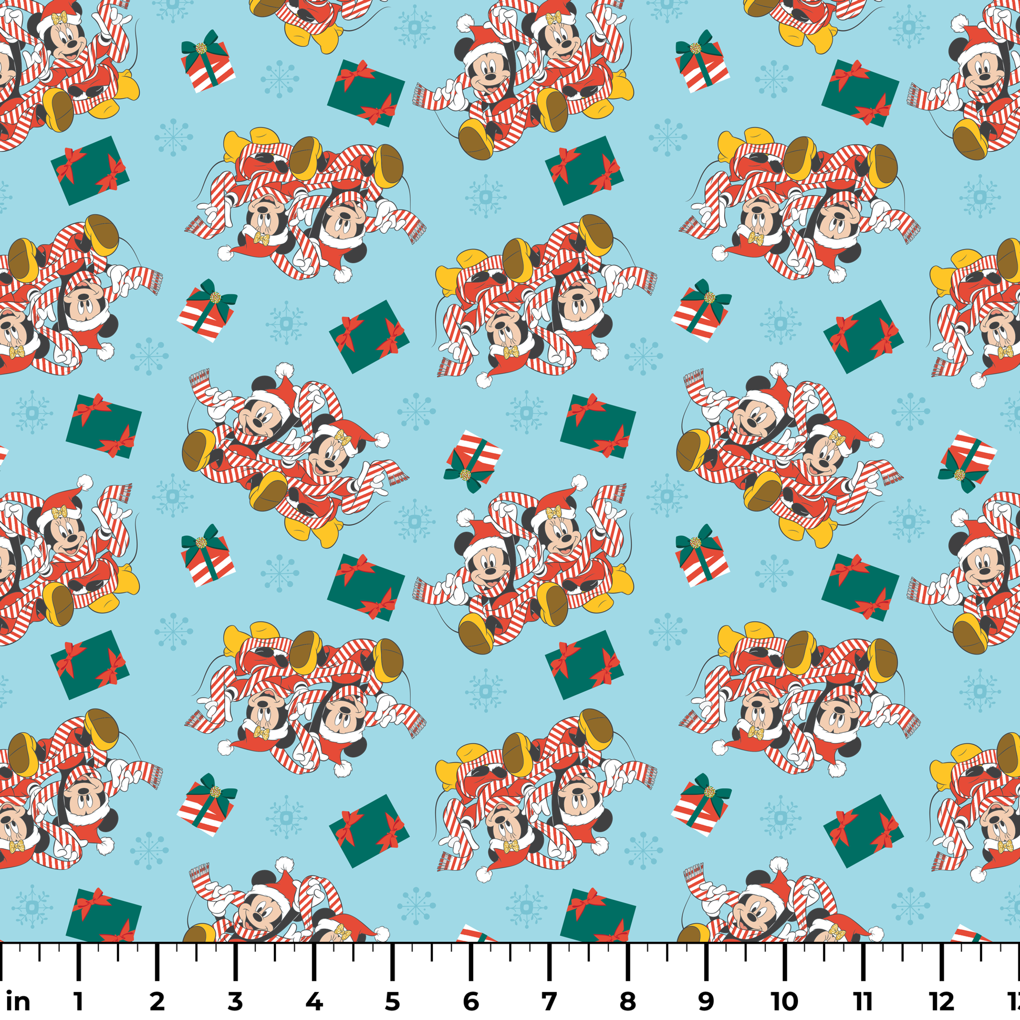 Mickey and Minnie Mouse pattern with candy stripe pajamas, presents, and snowflakes on light blue background ruler