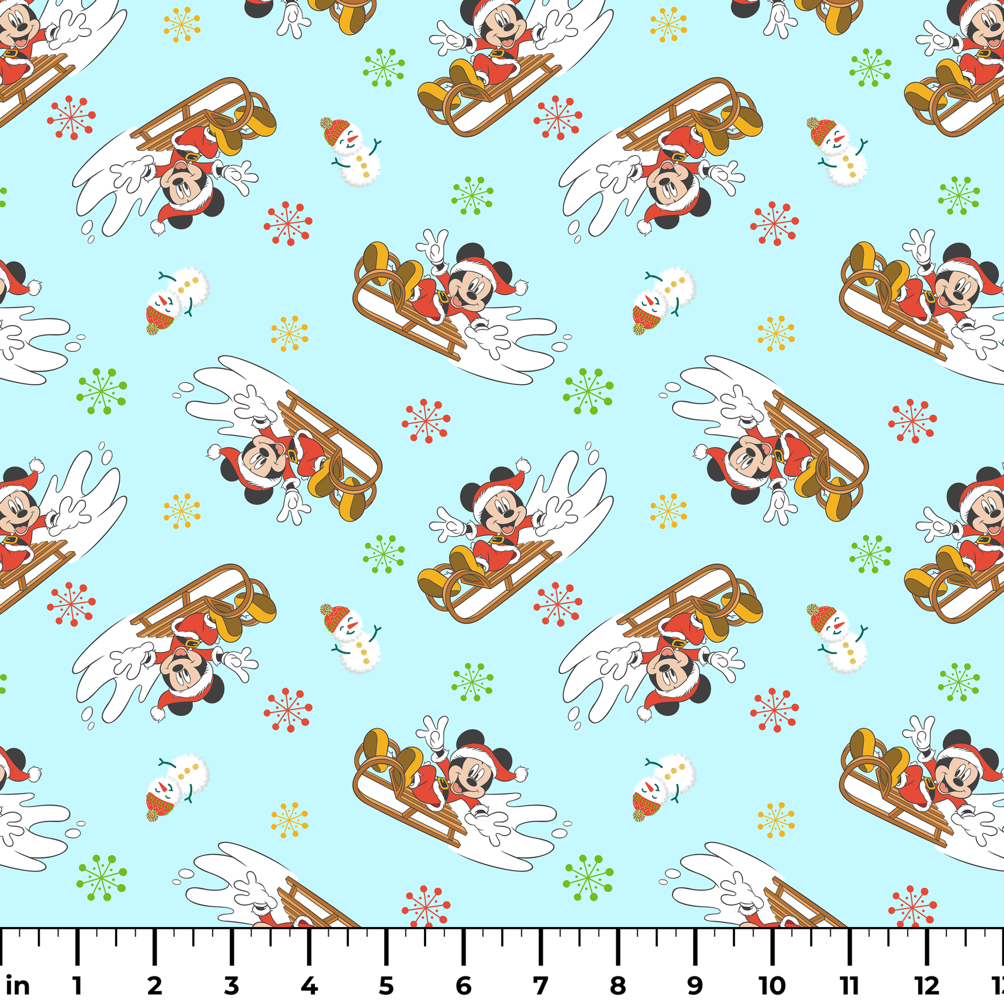 Christmas pattern with Mickey Mouse on sleds, snowmen, and colorful snowflakes on light blue background ruler