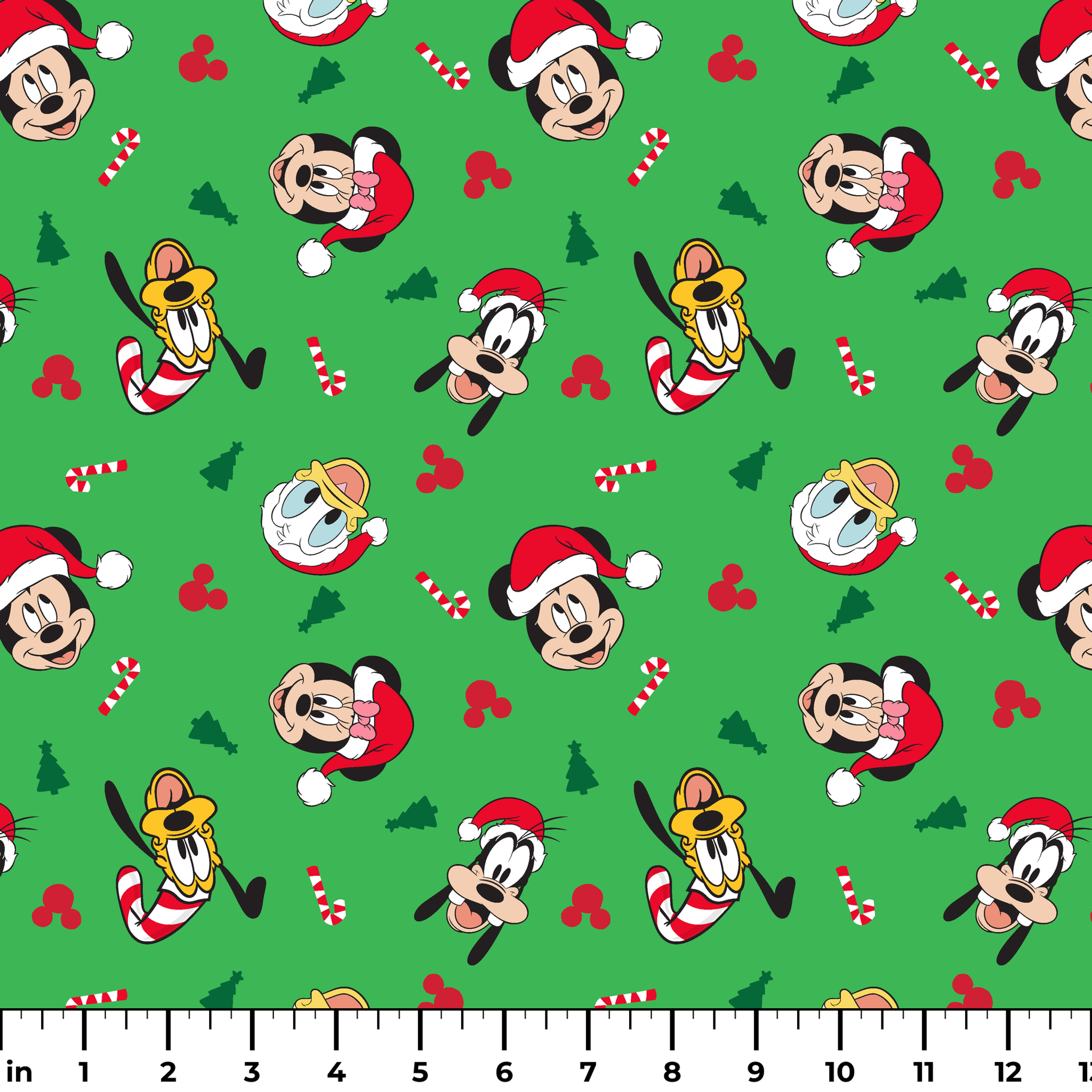 Disney Mickey Mouse characters in Santa hats on green background with candy canes and Christmas trees ruler