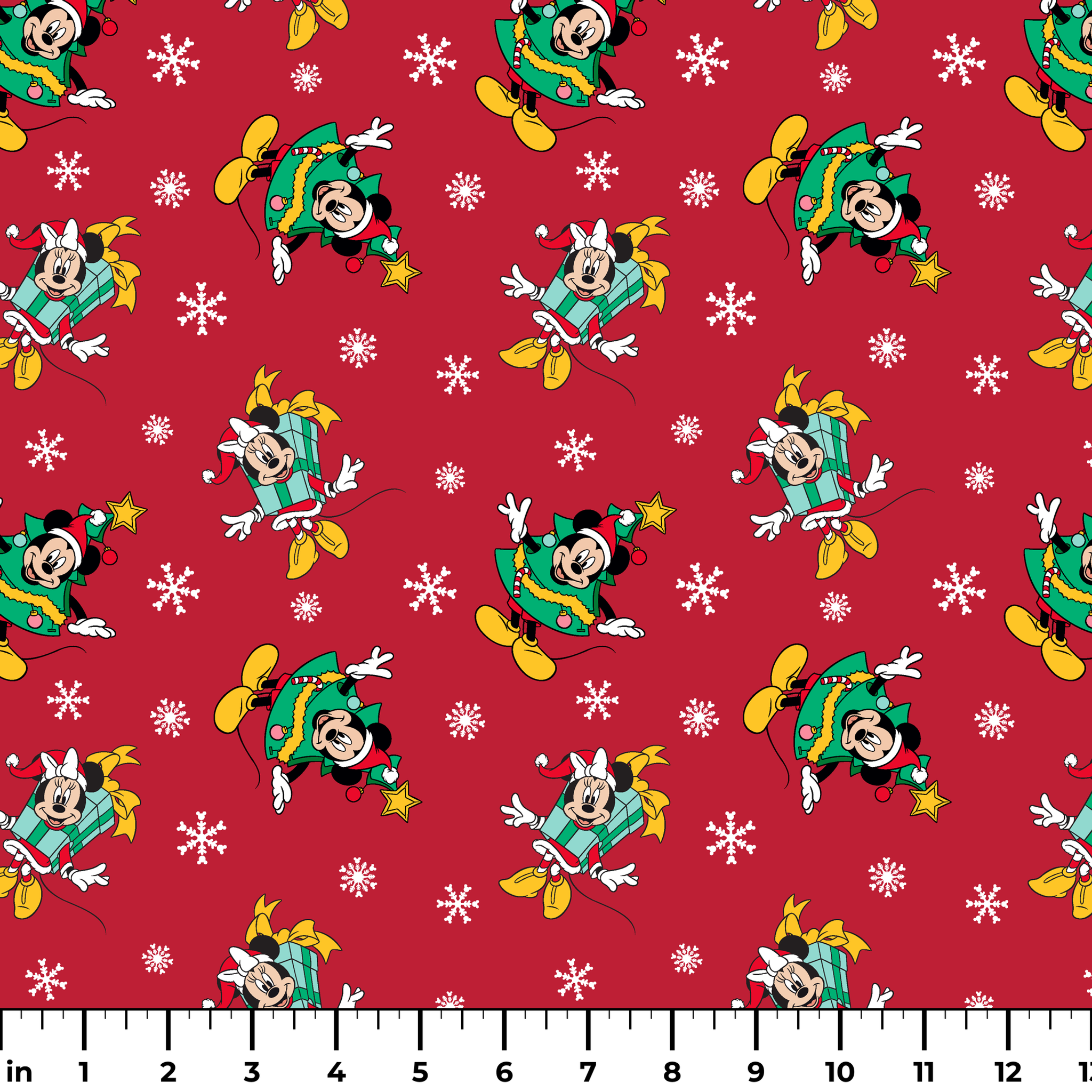 Disney characters in holiday outfits on red background with white snowflakes ruler