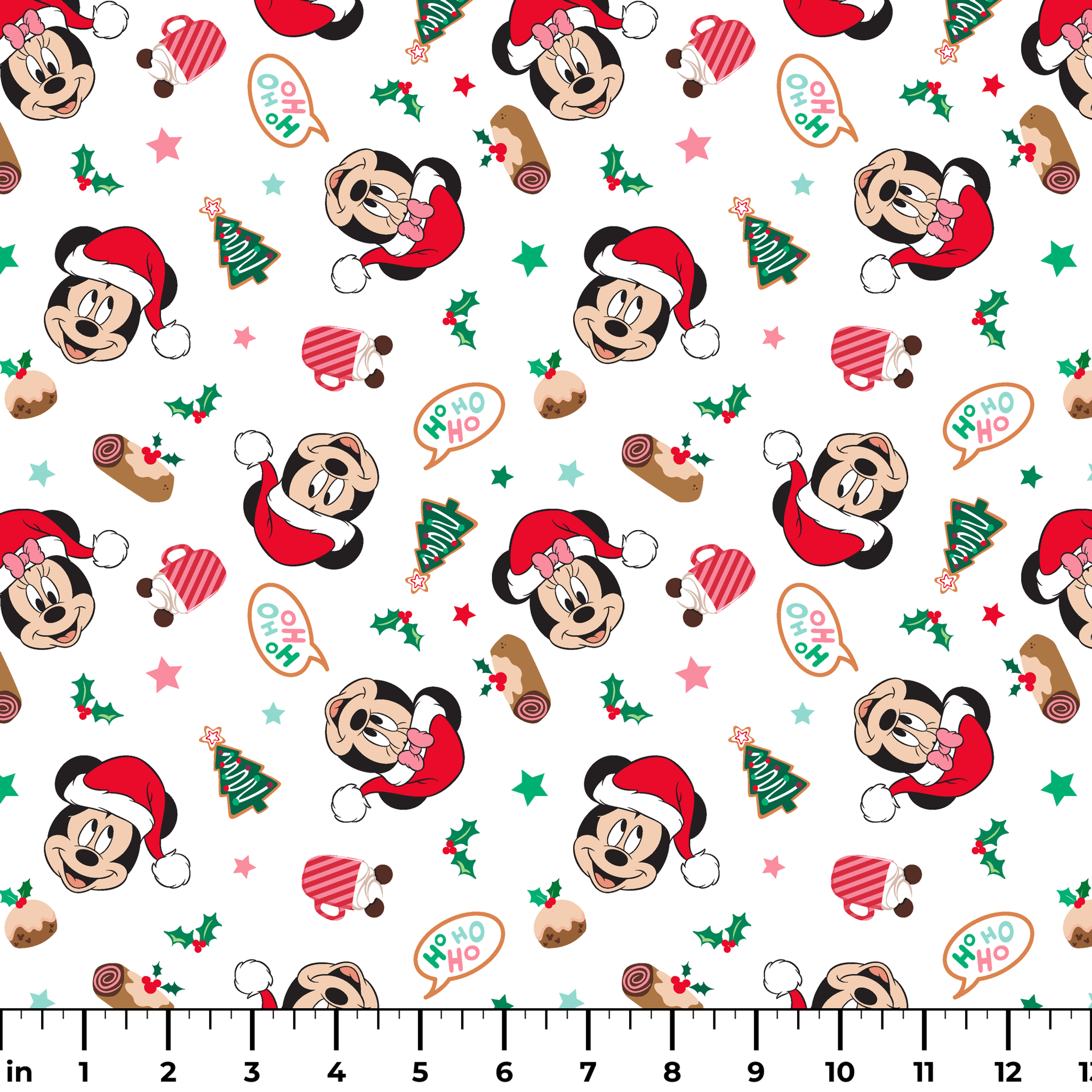 Mickey Mouse Christmas pattern with Santa hats, holly, speech bubbles, and festive decorations on white background ruler