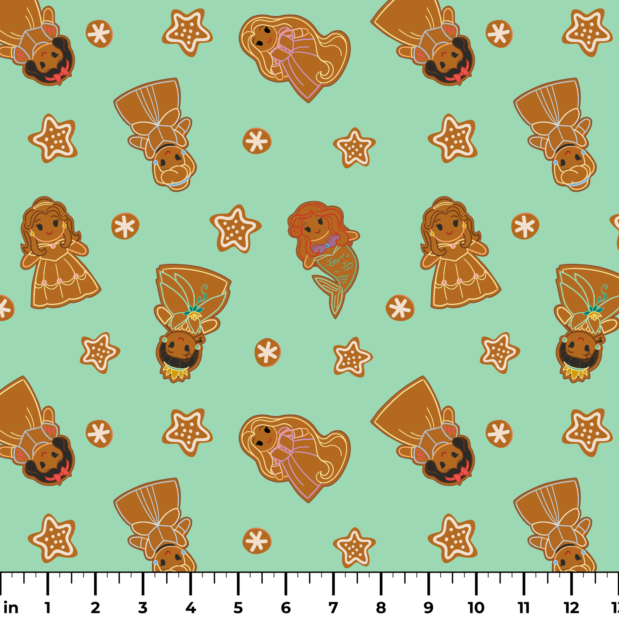 Disney Princess gingerbread cookies with star and snowflake designs on mint green background ruler