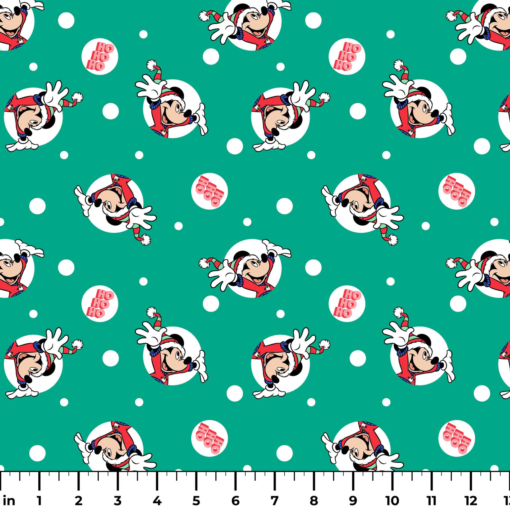 Mickey Mouse in Santa hats on green polka dot background with "Ho Ho Ho" text ruler