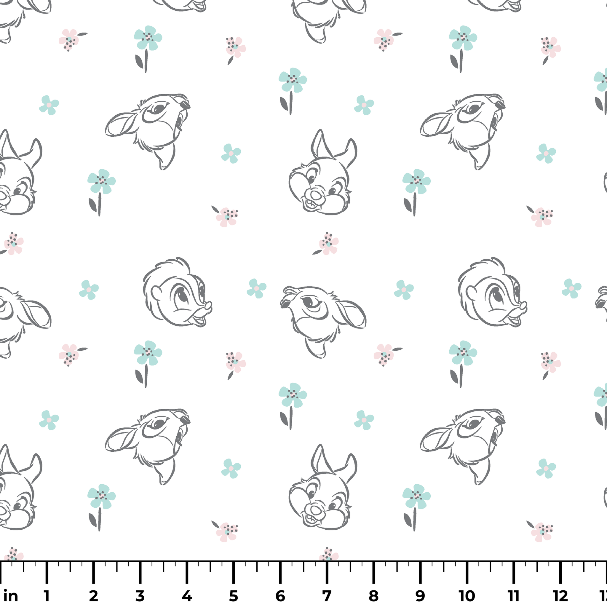 Sketch-style animals from Disney Bambi with pastel flowers on a white background. ruler
