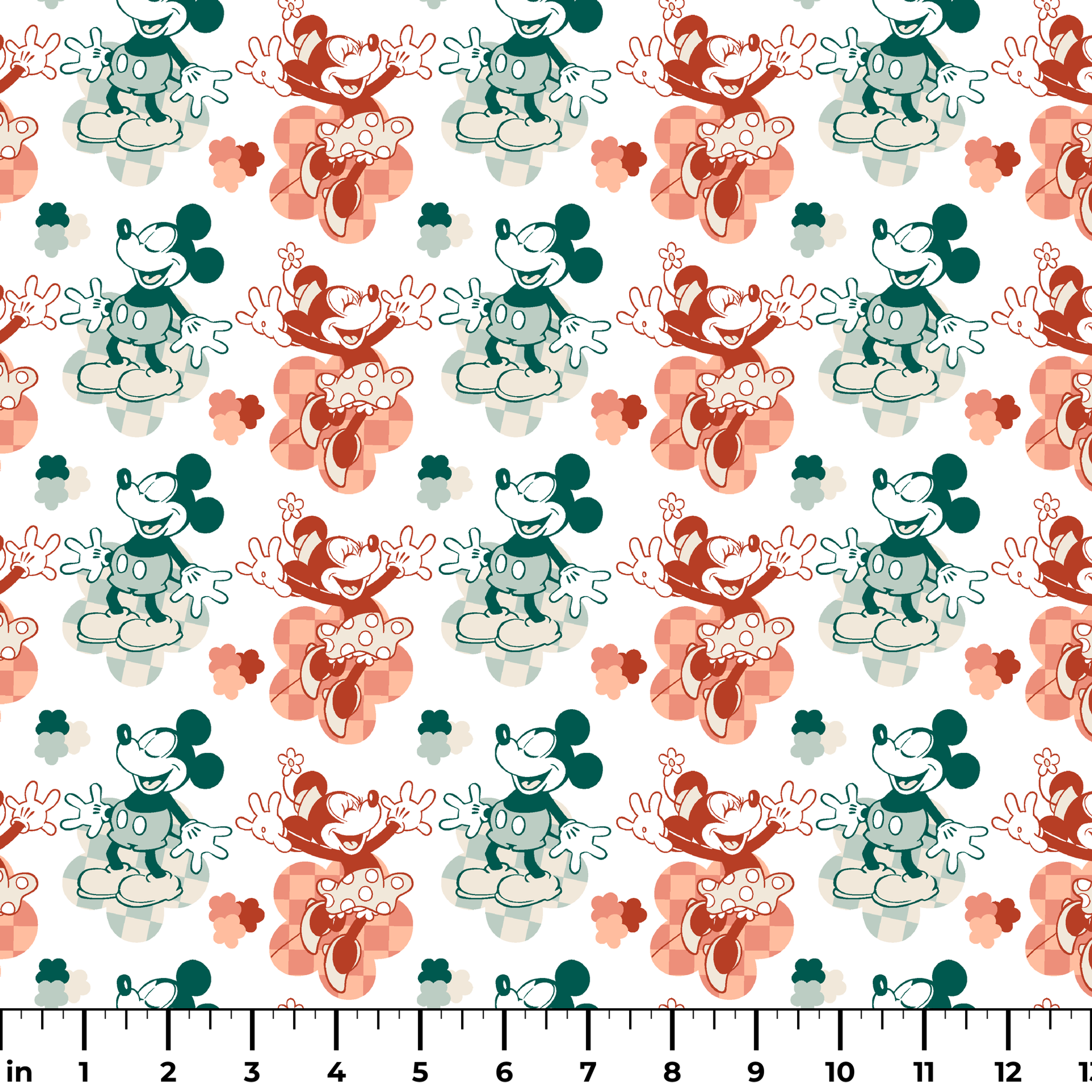 Repeating pattern of vintage-style cartoon characters in green and red-orange tones on white background ruler