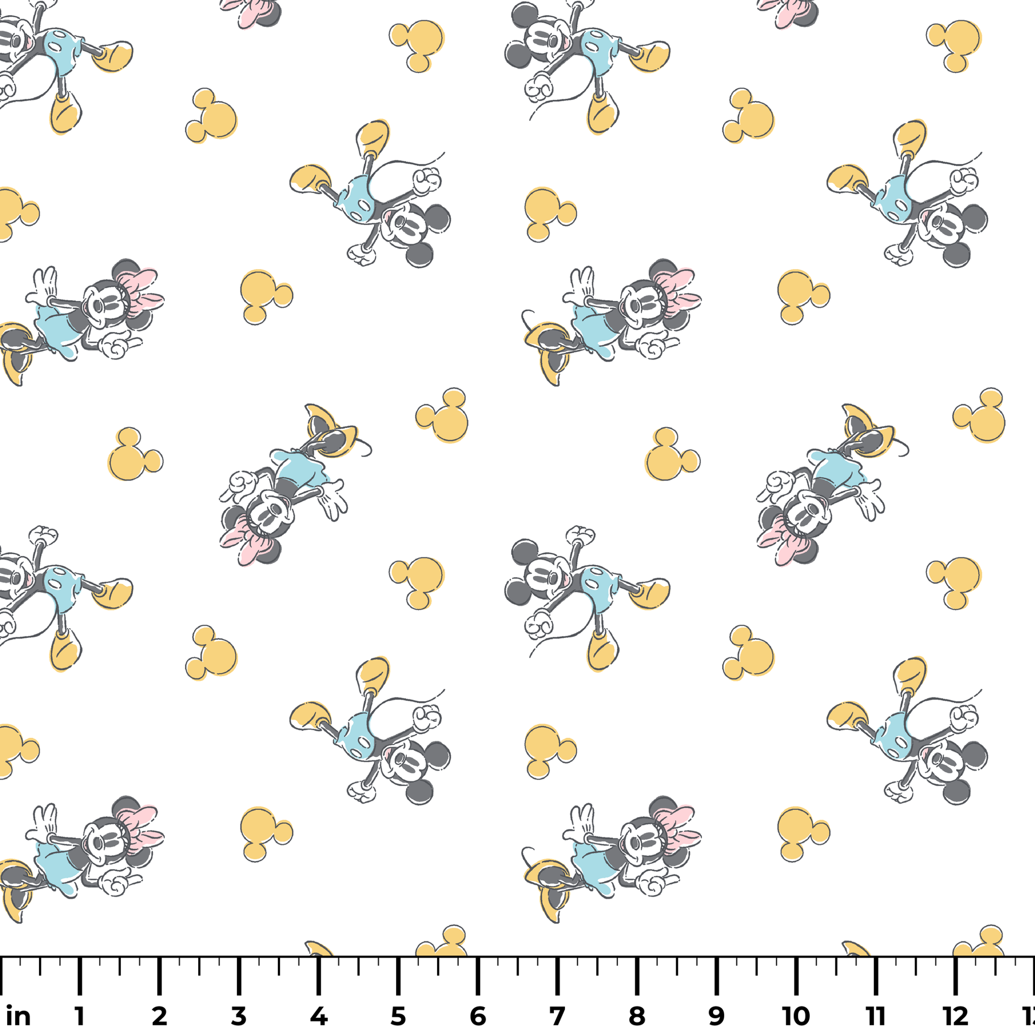 Mickey Mouse characters in light blue outfits scattered on white background with yellow Mickey silhouettes ruler
