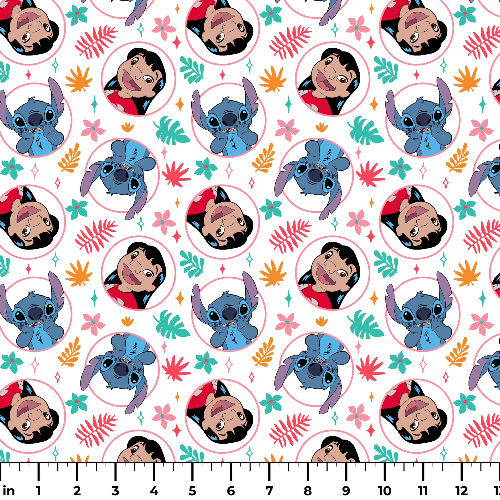 Colorful cartoon pattern with Lilo and Stitch in circles, surrounded by tropical leaves and stars ruler