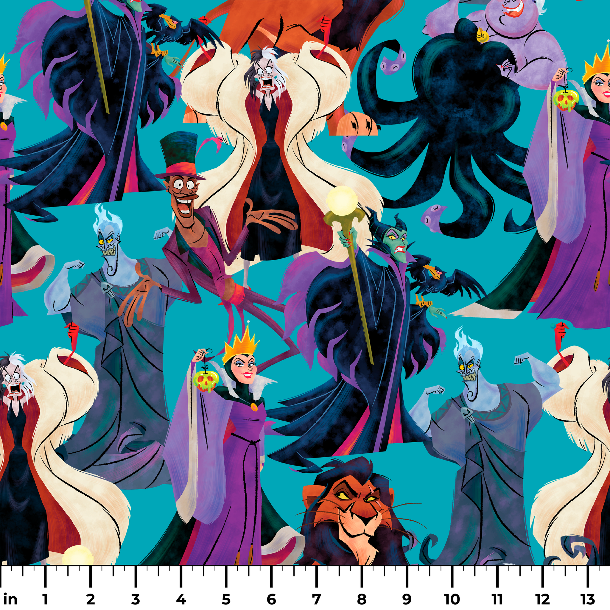 Disney Villains like Ursula, Maleficent, and Hades on a turquoise background in a colorful character pattern. ruler