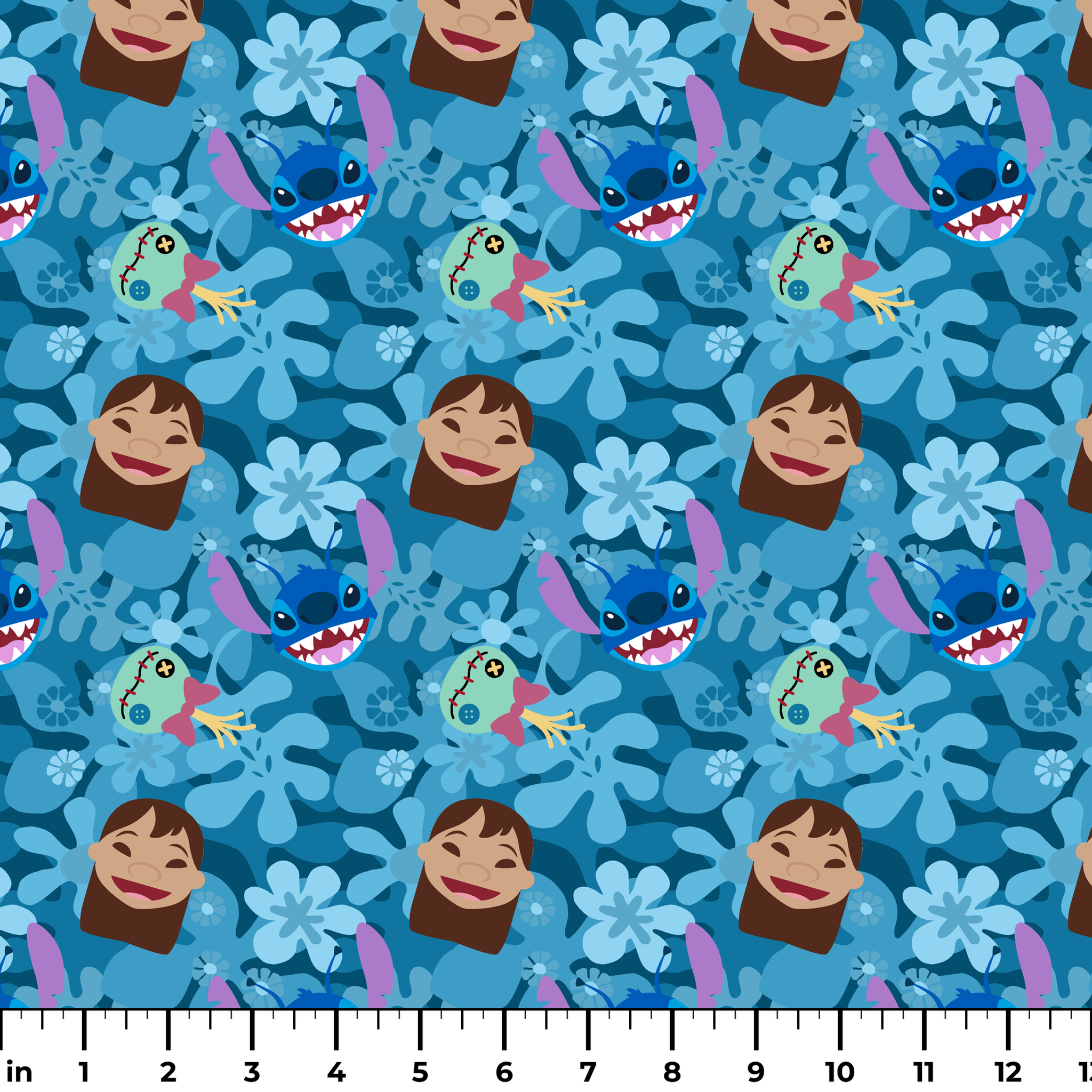 Disney's Stitch among floral elements and smiling faces on turquoise background ruler