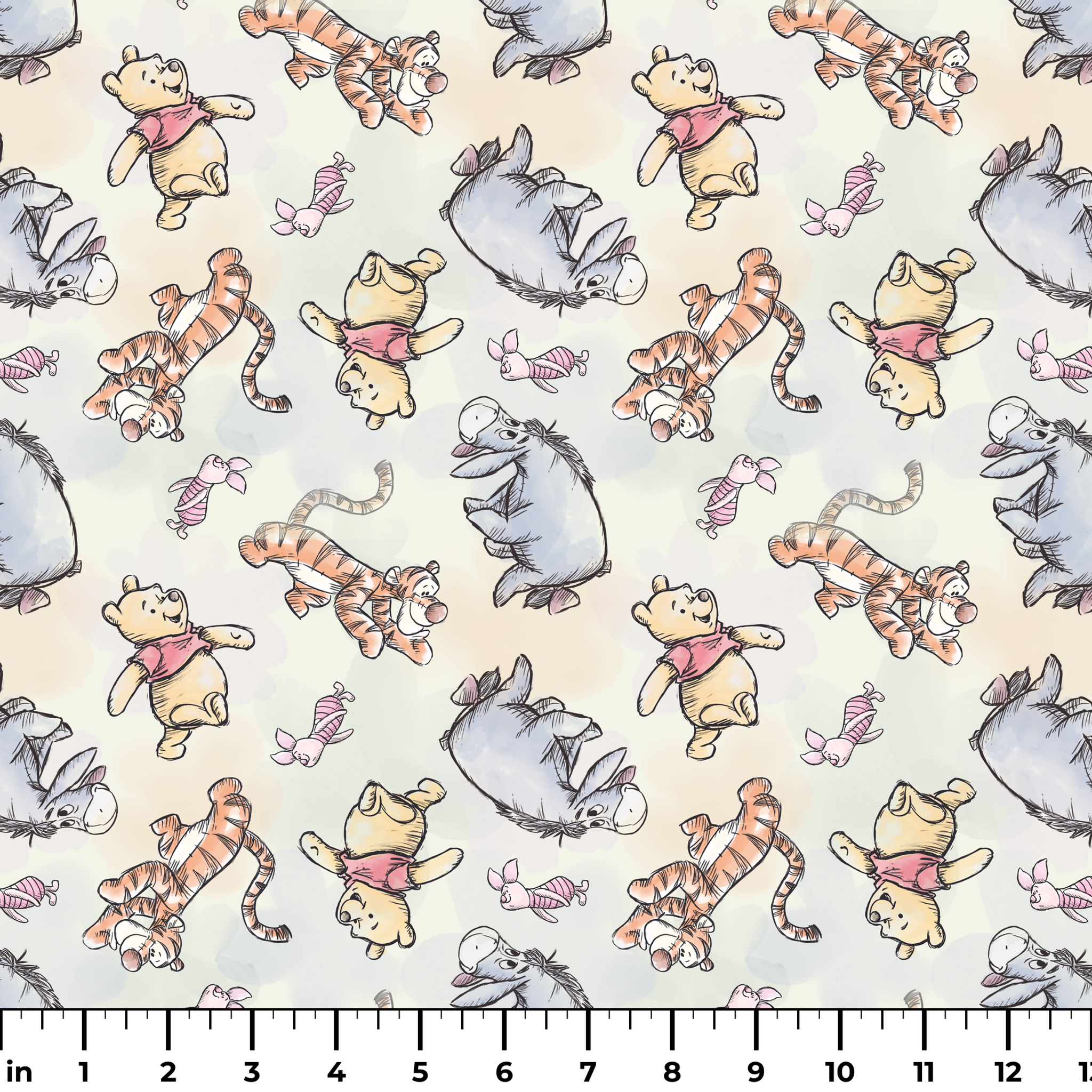 Whimsical pattern featuring cartoon bears in red shirts with bouncing tigers and small pink chara... ruler