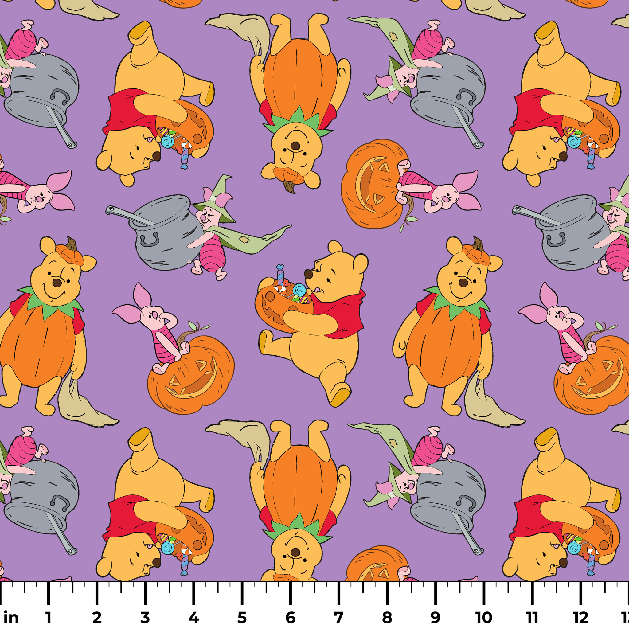 Whimsical Winnie the Pooh pattern with Piglet and Eeyore on purple background with pumpkins ruler