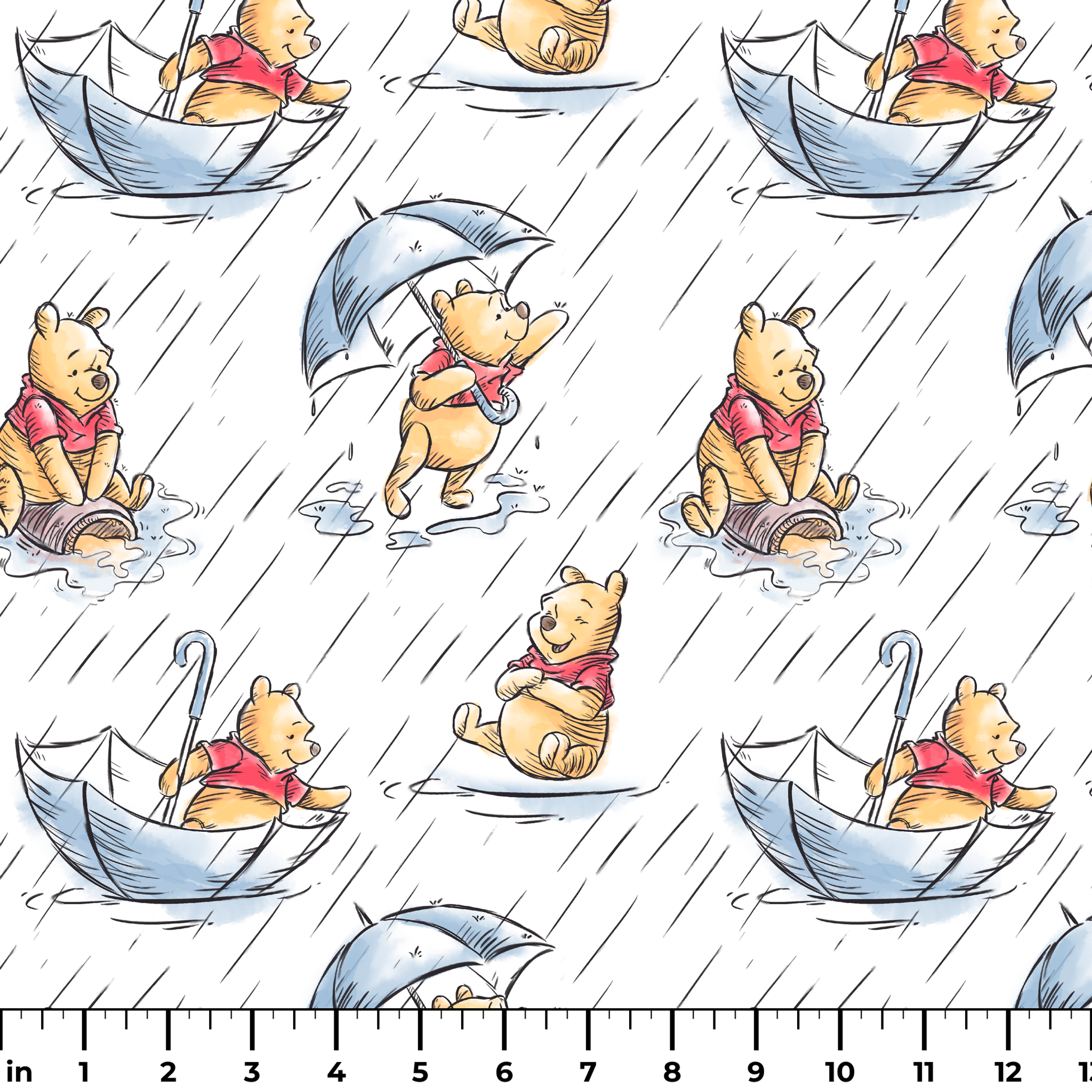 Small bear characters in a rainy scene - some holding umbrellas, others in paper boats, wearing red shirts ruler