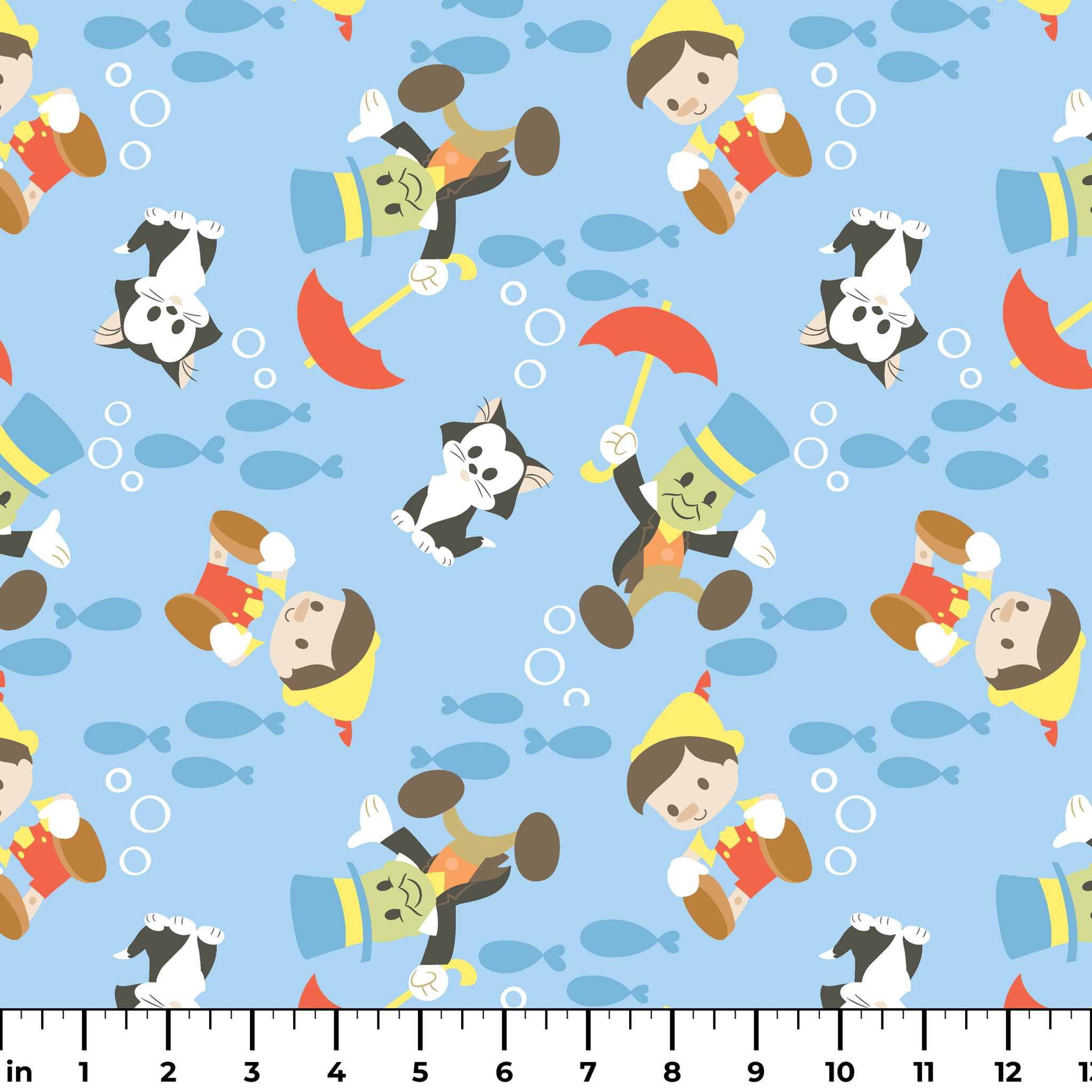Cartoon animals swimming underwater with fish, bubbles, and snorkeling gear on blue background ruler