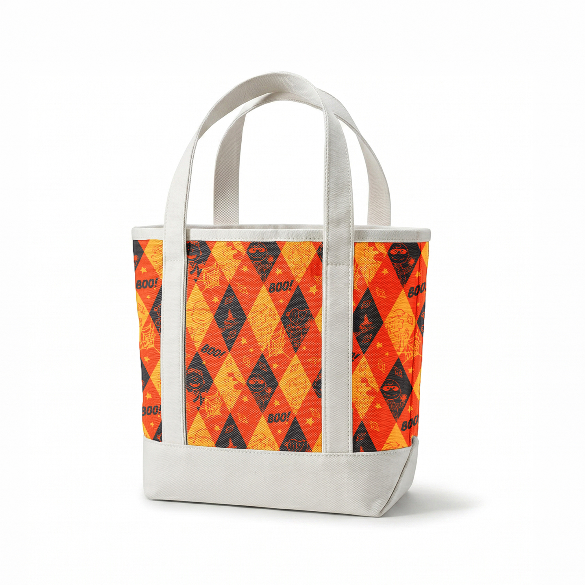 Peanuts Halloween pattern with diamond shapes in orange, yellow, and black featuring Peanuts characters in costumes, webs, "BOO!" text, and seasonal decorations springs canvastote mockup