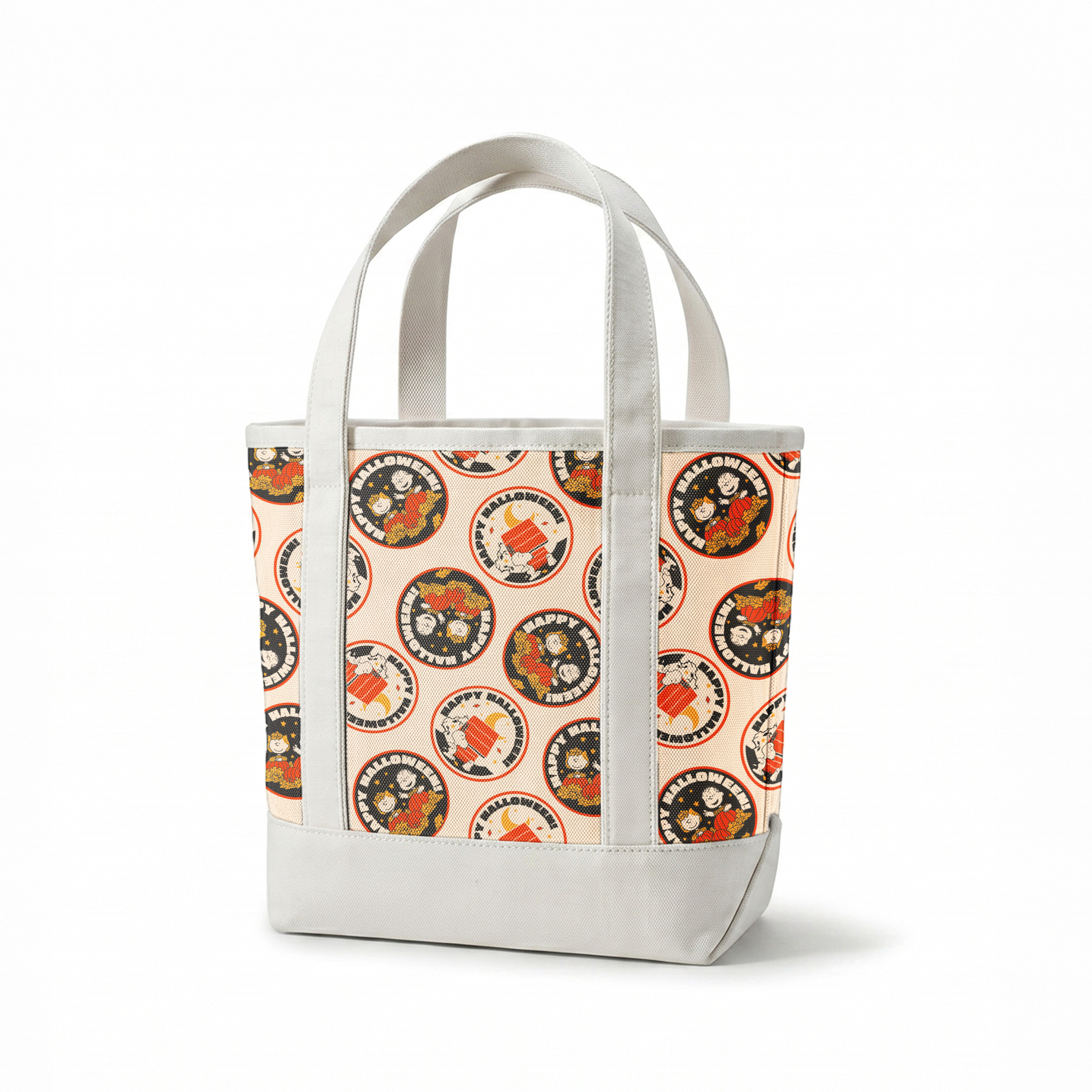 Peanuts Halloween pattern with circular badges featuring characters and "Happy Halloween" text on beige background springs canvastote mockup
