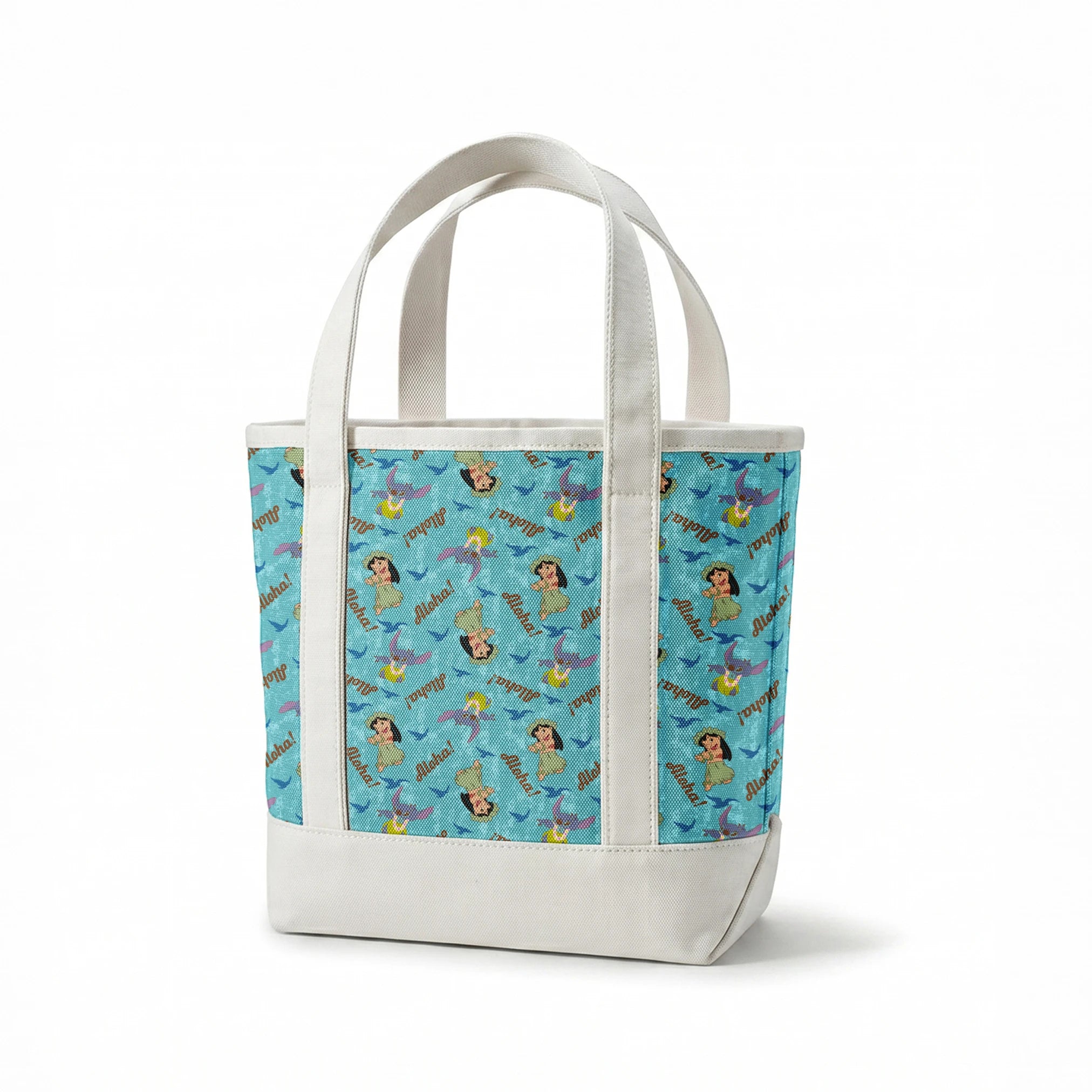 Lilo and Stitch pattern on turquoise background with "Aloha!" text and blue silhouettes springs canvastote mockup