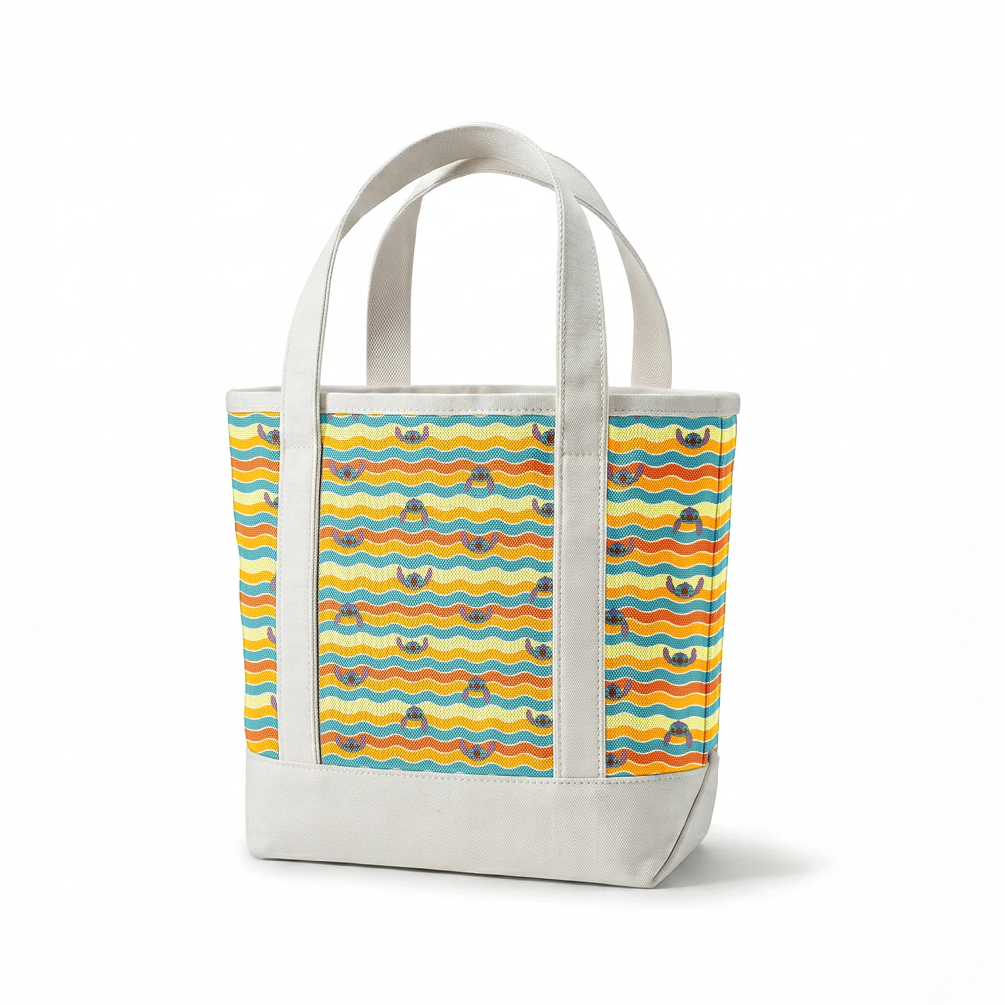 Colorful wavy striped pattern with Stitch peeking between orange, yellow, and teal waves springs canvastote mockup