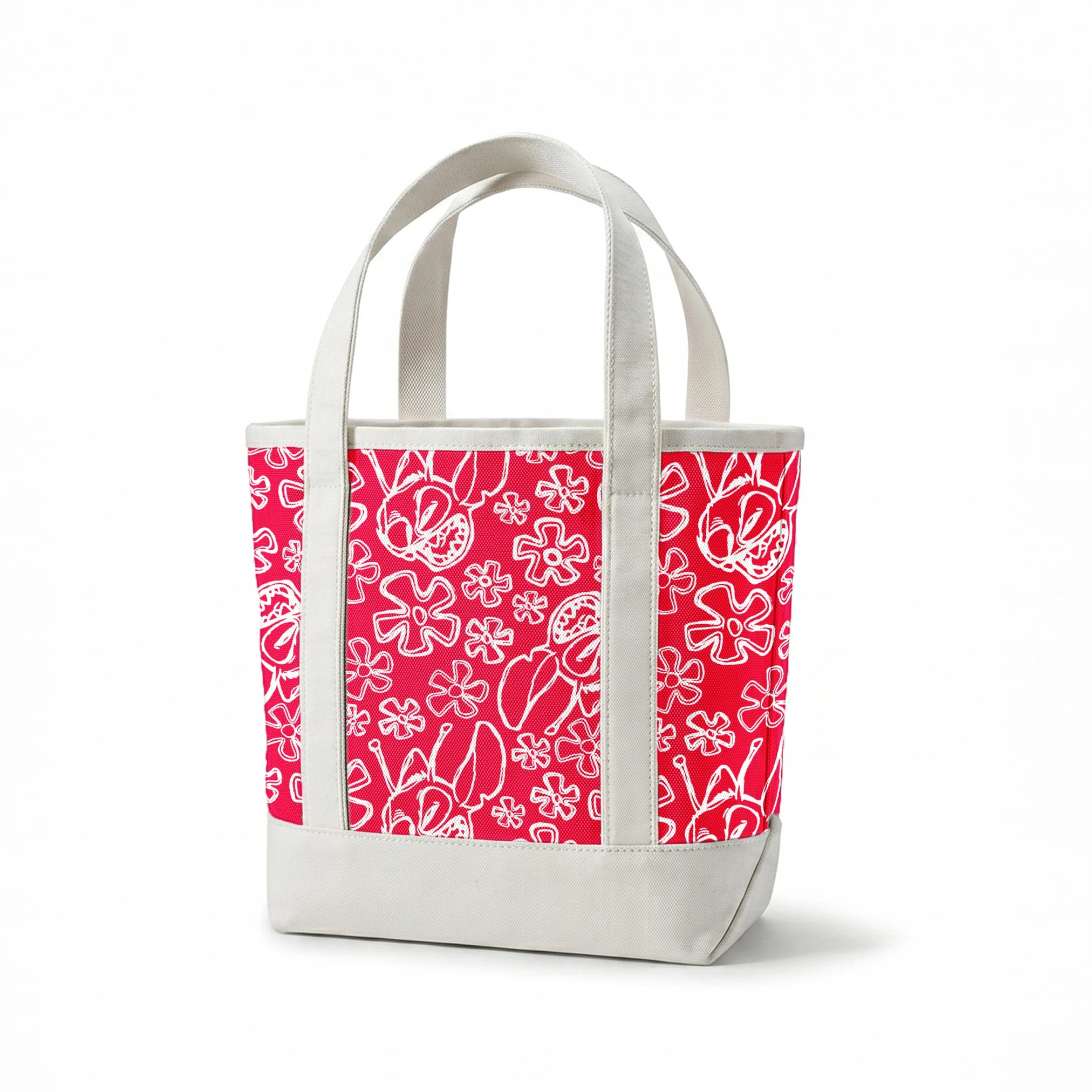 White flower doodles and Disney's Stitch on bright red background, hand-drawn style pattern springs canvastote mockup