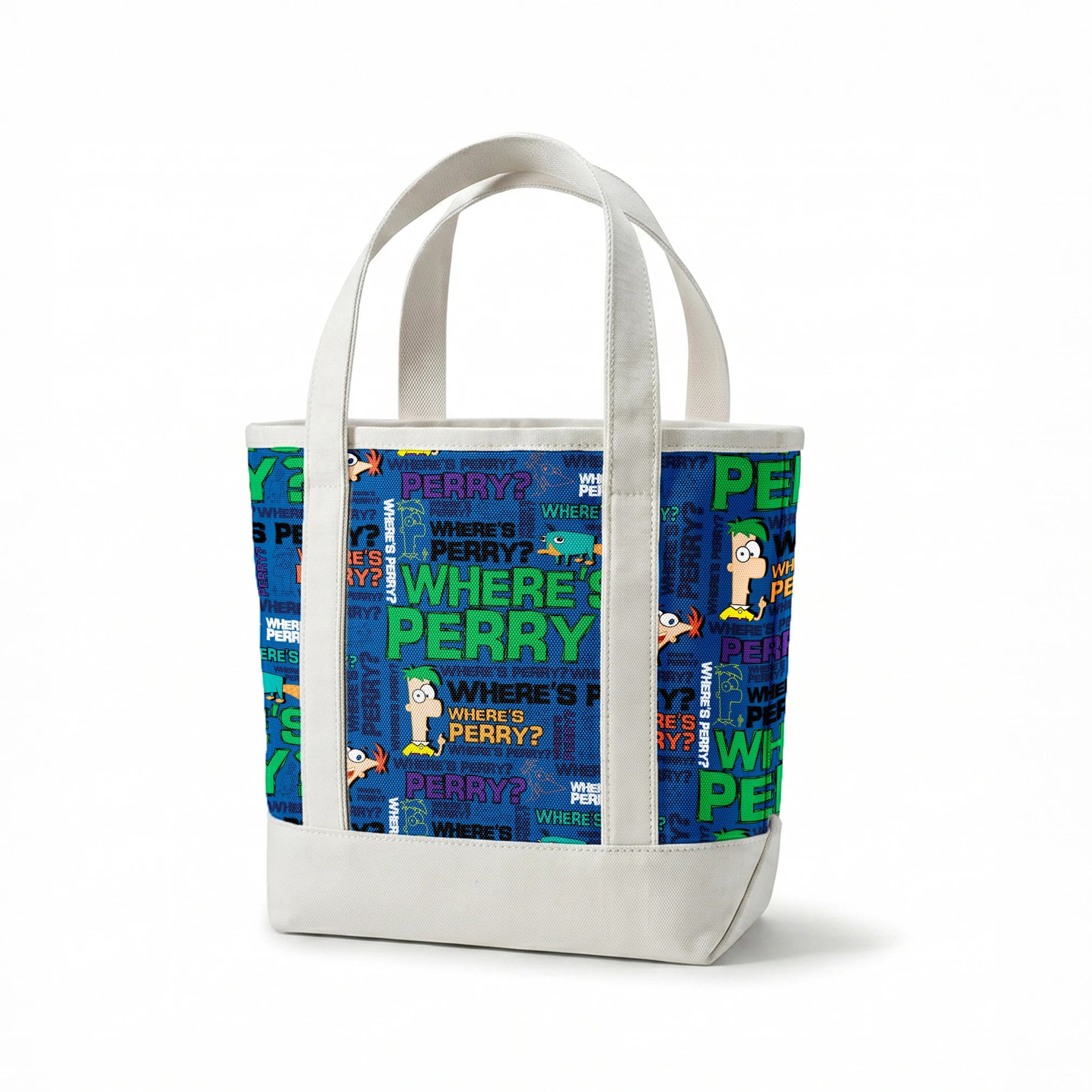 Phineas & Ferb pattern with "WHERE'S PERRY?" text repeated in various colors on blue background springs canvastote mockup