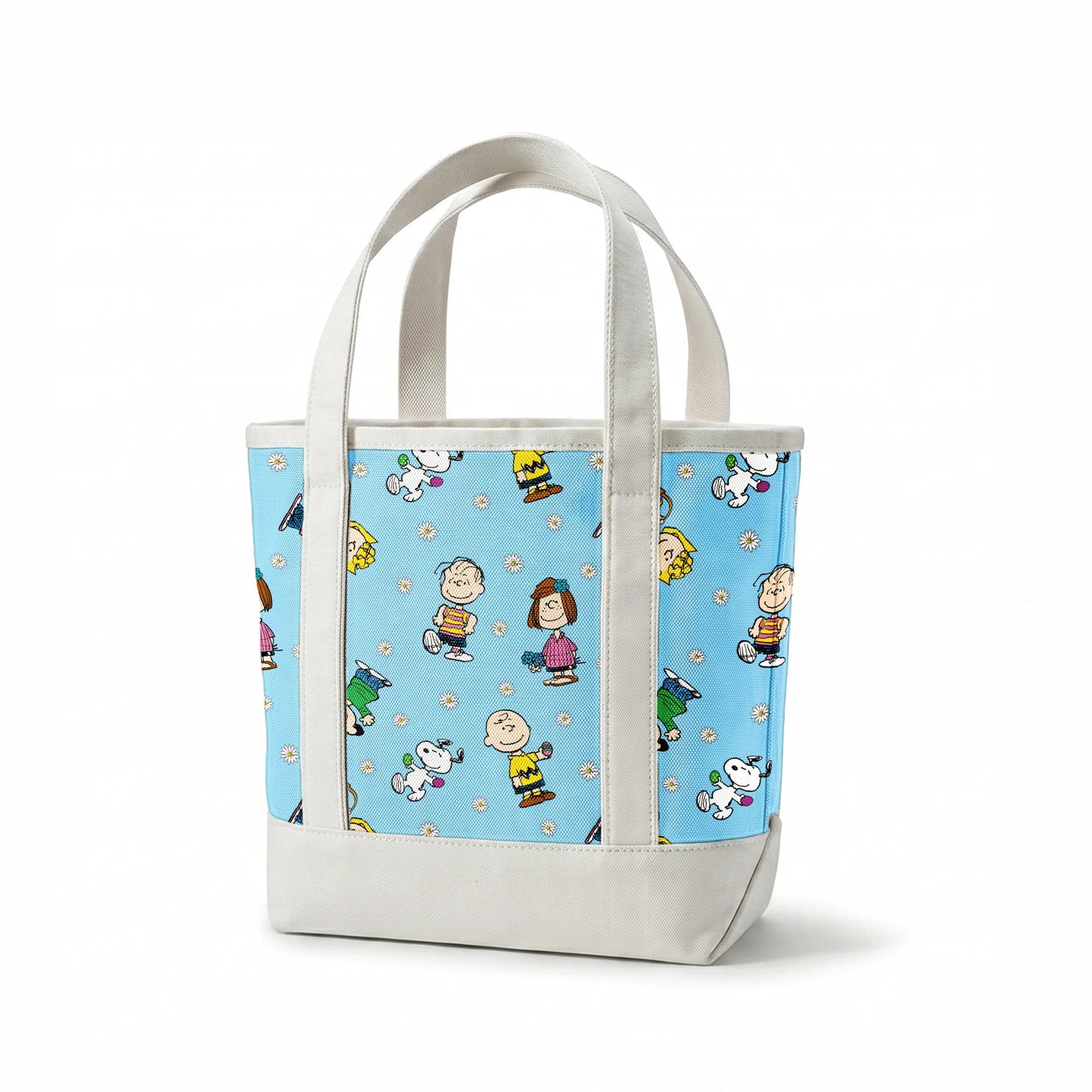 Peanuts cartoon characters scattered on light blue background with white daisies pattern springs canvastote mockup