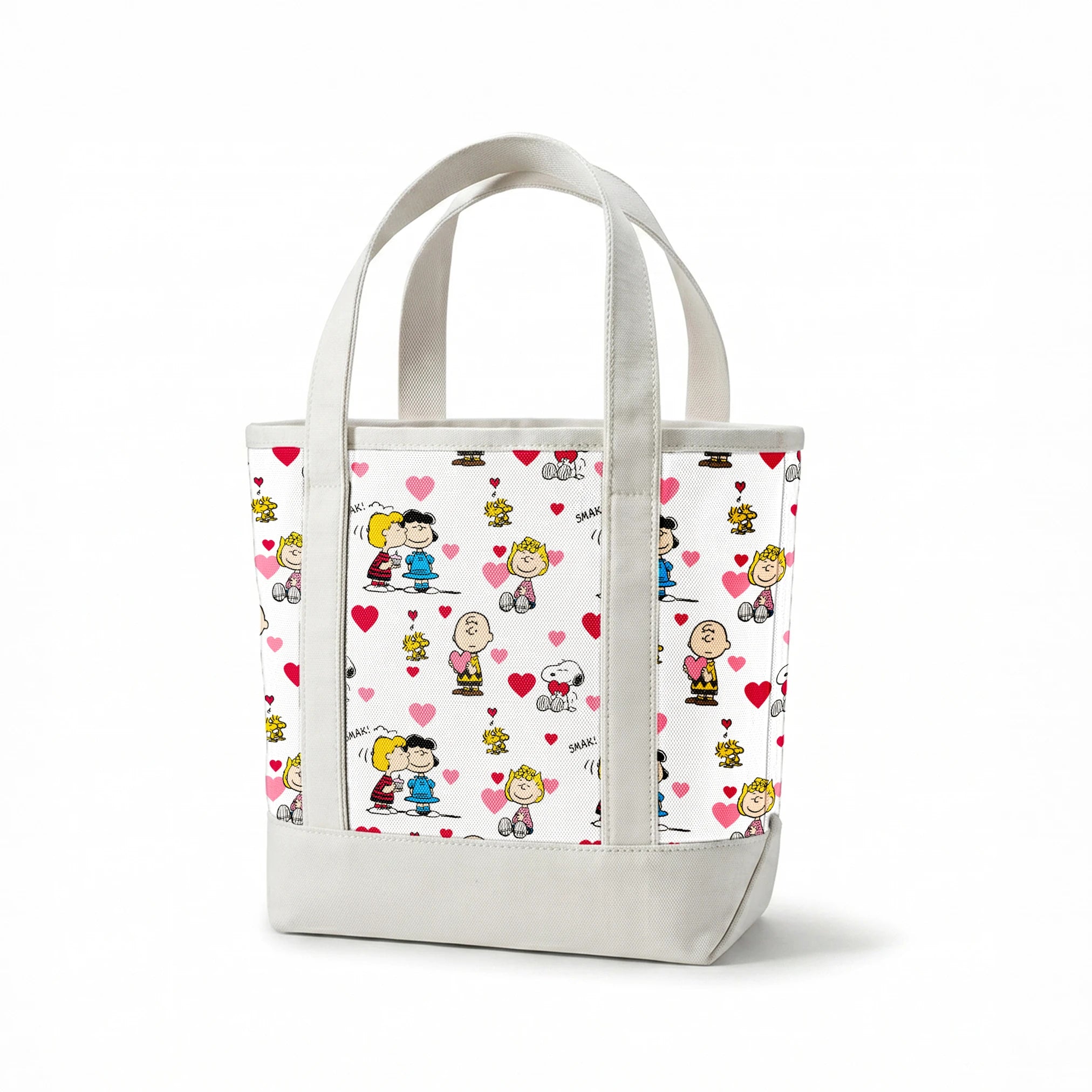 Peanuts cartoon characters with heart motifs, featuring Snoopy, Woodstock, and others in a Valentine's theme springs canvastote mockup