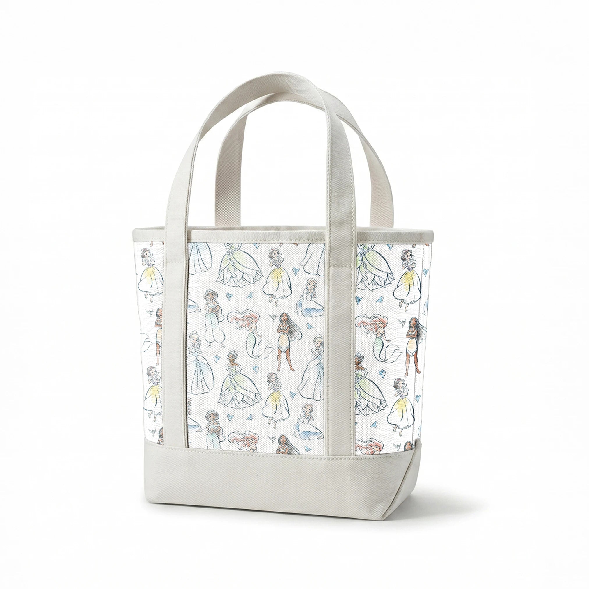 Illustrated pattern of Disney princesses in elegant dresses with sparkles on light background springs canvastote mockup