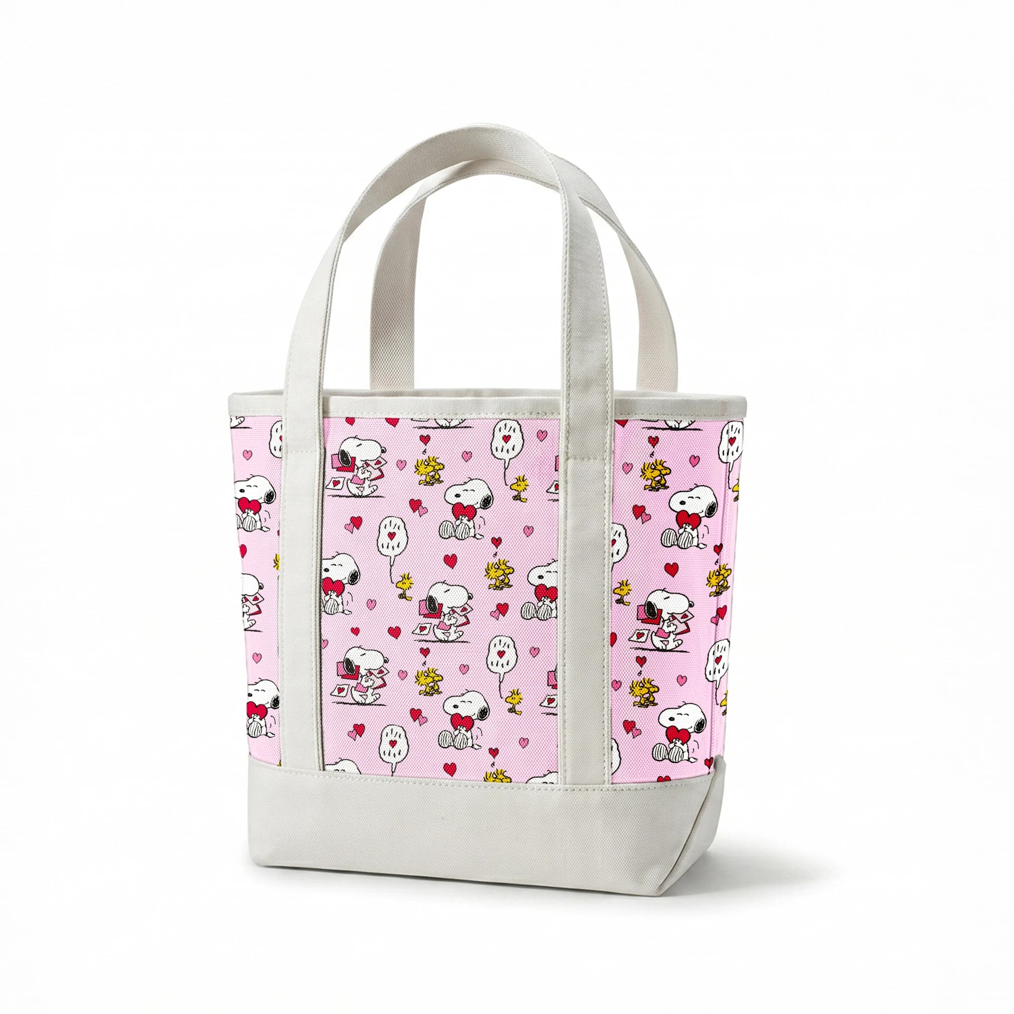 Valentine's pattern with Snoopy, Woodstock, and hearts on pink background, featuring love letters and speech bubbles. springs canvastote mockup