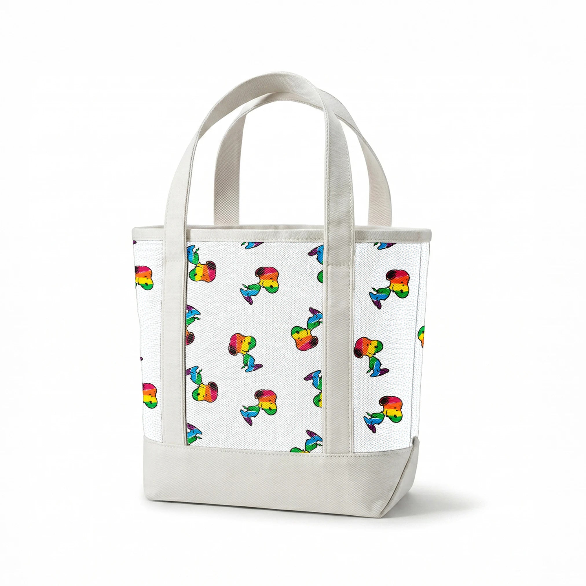 Colorful rainbow Snoopy in various poses on a dotted white background springs canvastote mockup