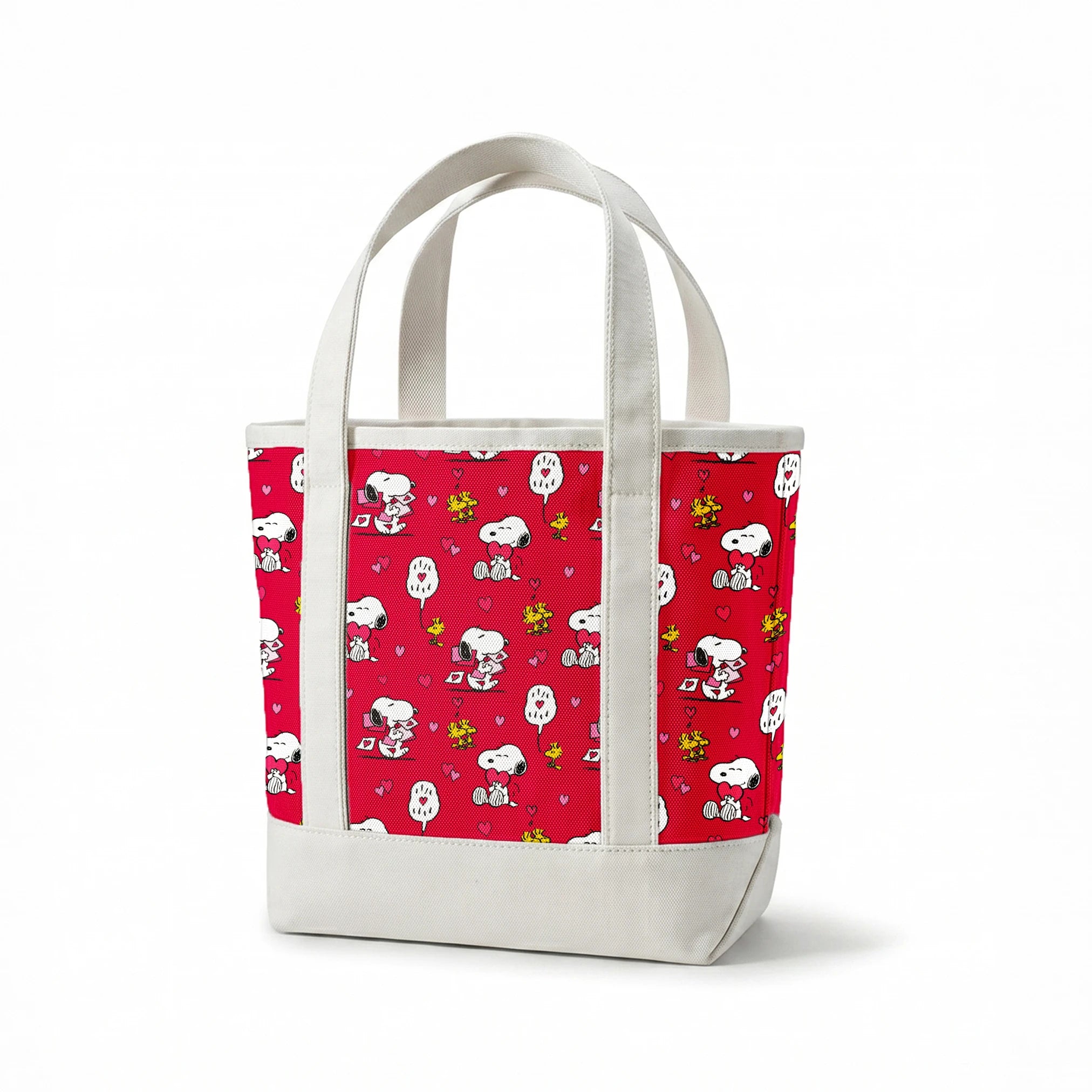 Snoopy and Woodstock pattern with hearts on bright red background, Valentine's theme springs canvastote mockup