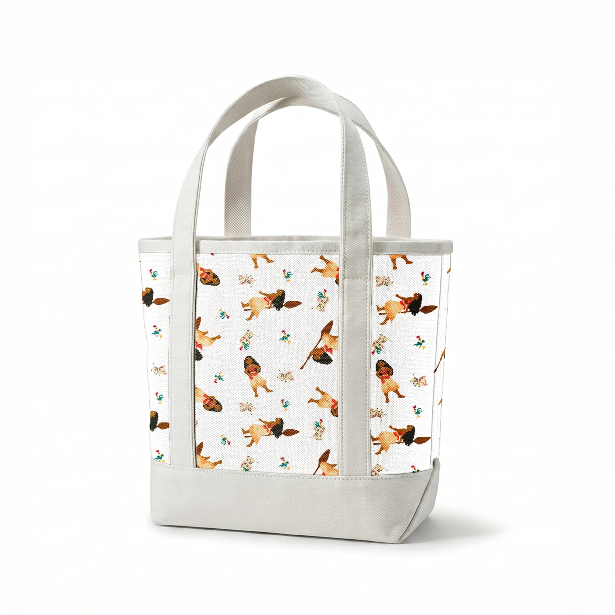 Moana pattern on white background with colorful cartoon animals in repeating design springs canvastote mockup
