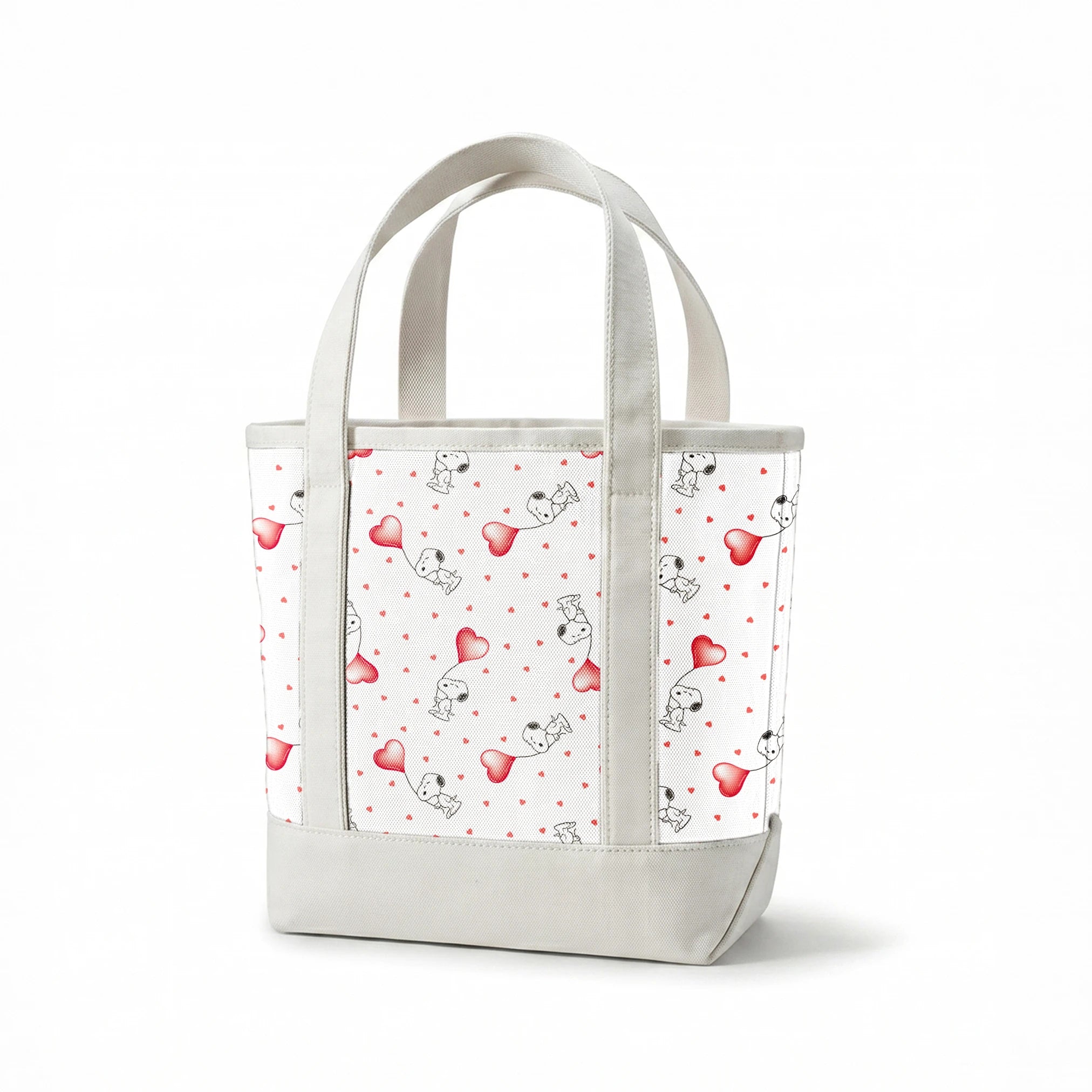 Cute Snoopy holding heart-shaped balloons with small hearts scattered on white background springs canvastote mockup