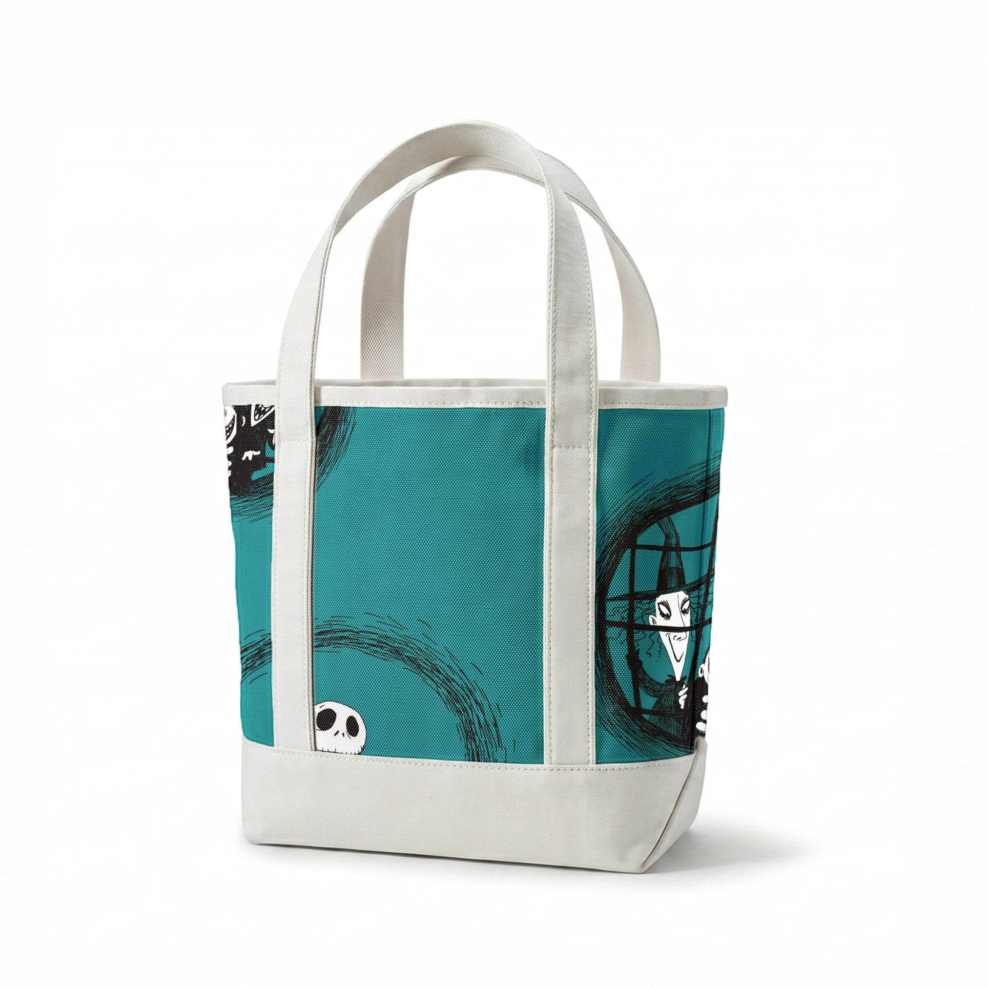 Teal patterned design with The Nightmare Before Christmas characters in circular frames, featuring round-headed characters in formal attire. springs canvastote mockup