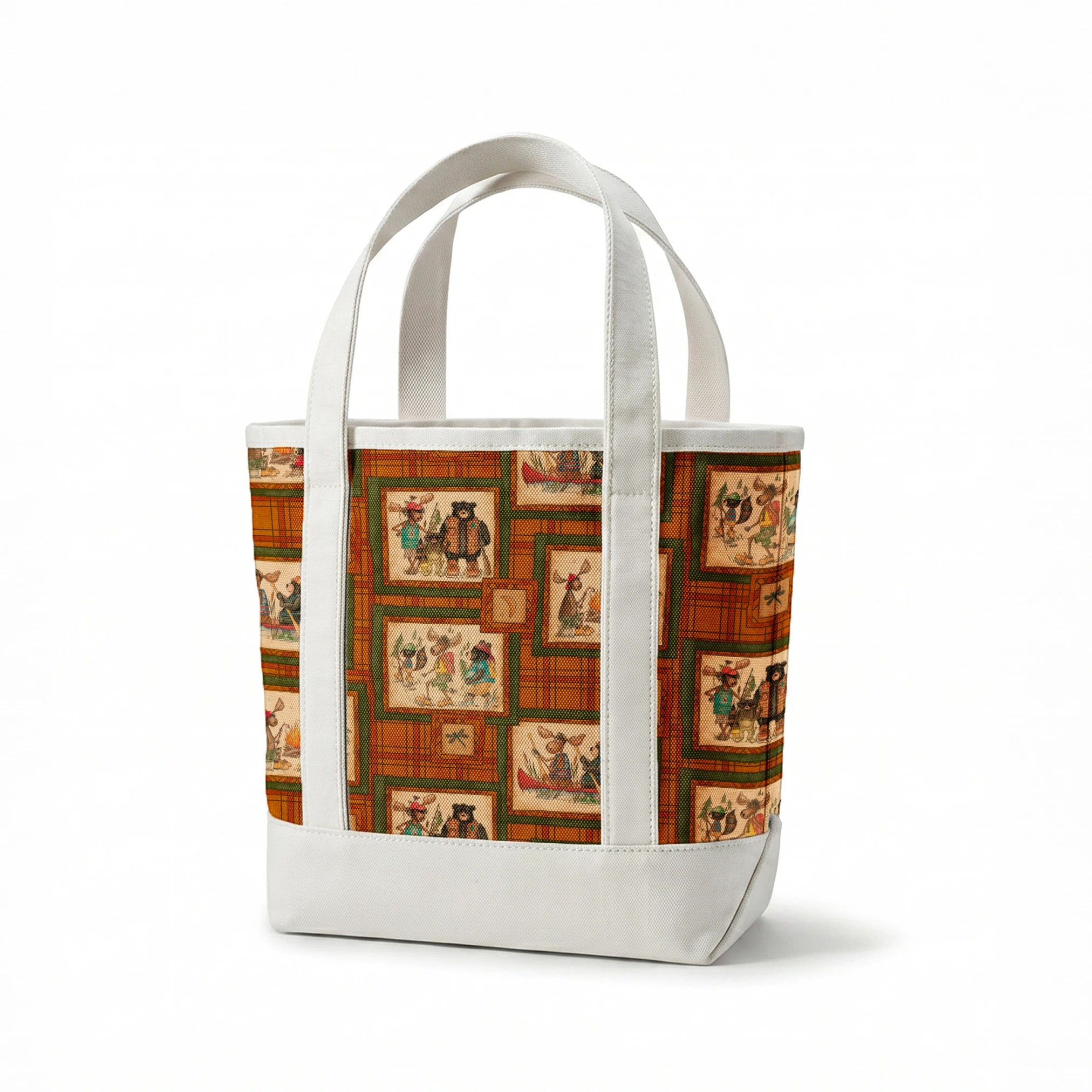 Vintage-style patchwork pattern with framed scenes of people and animals on orange plaid background springs canvastote mockup