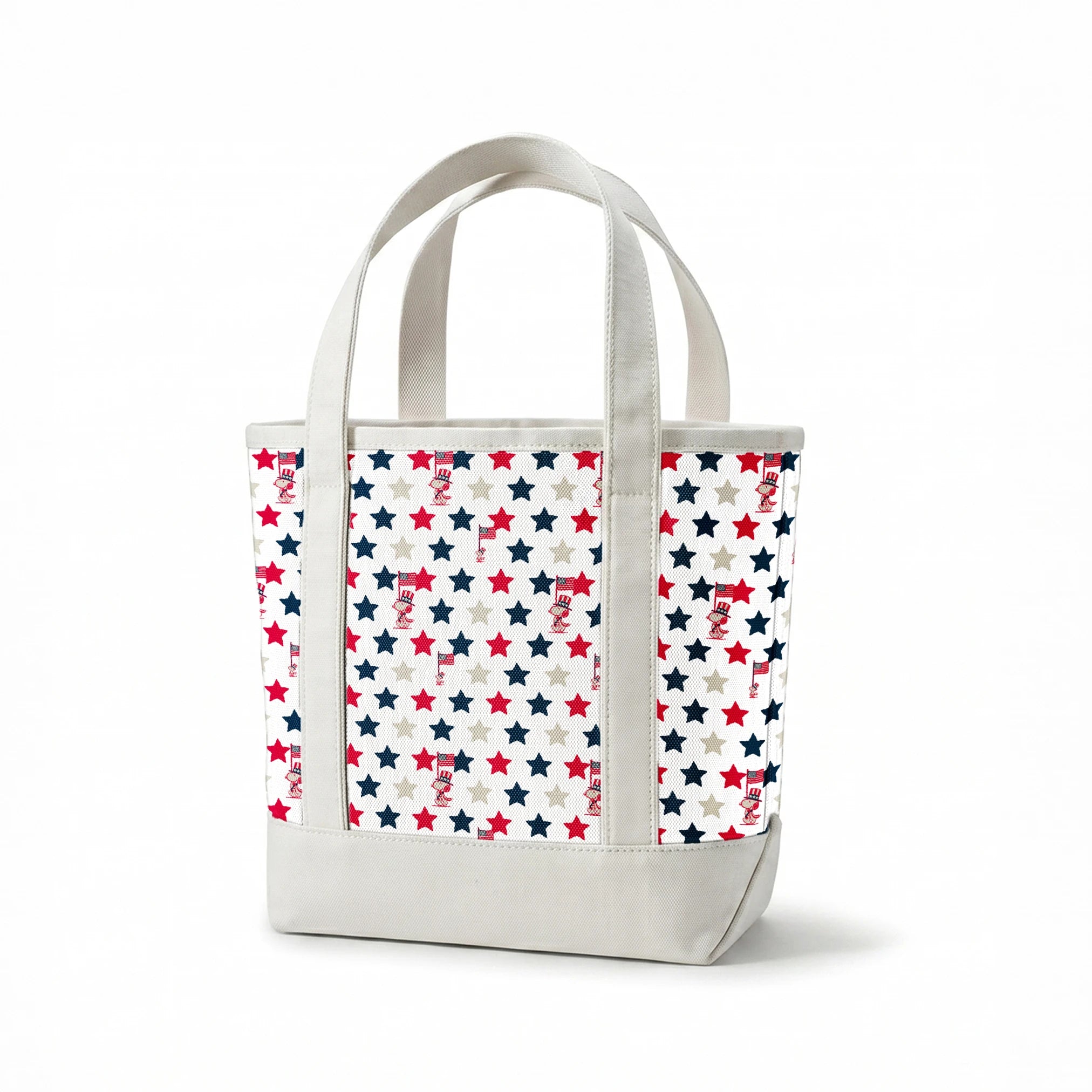 Peanuts Patriotic pattern with red, white, and blue stars alongside American flag poles on white background springs canvastote mockup
