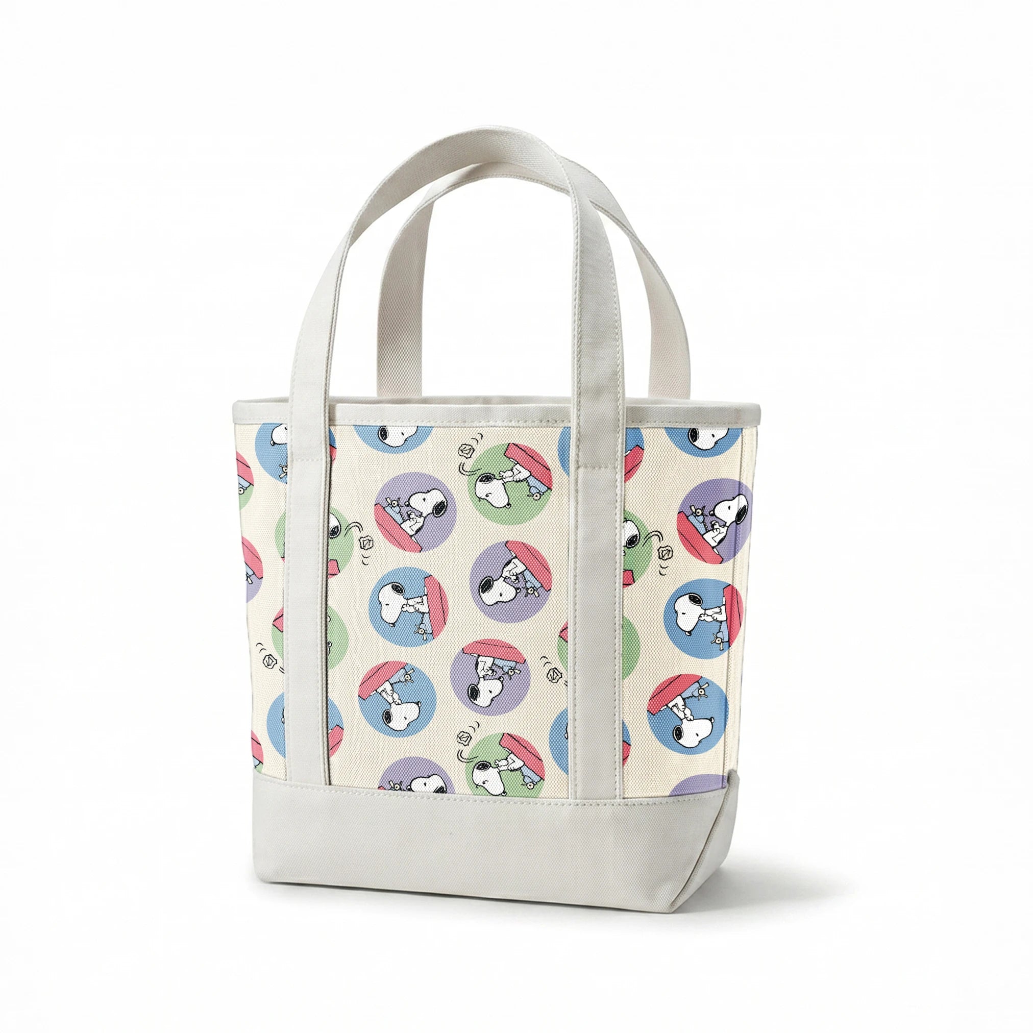 Cartoon Snoopy pattern with the beagle character in circular frames of blue, green, and purple backgrounds springs canvastote mockup