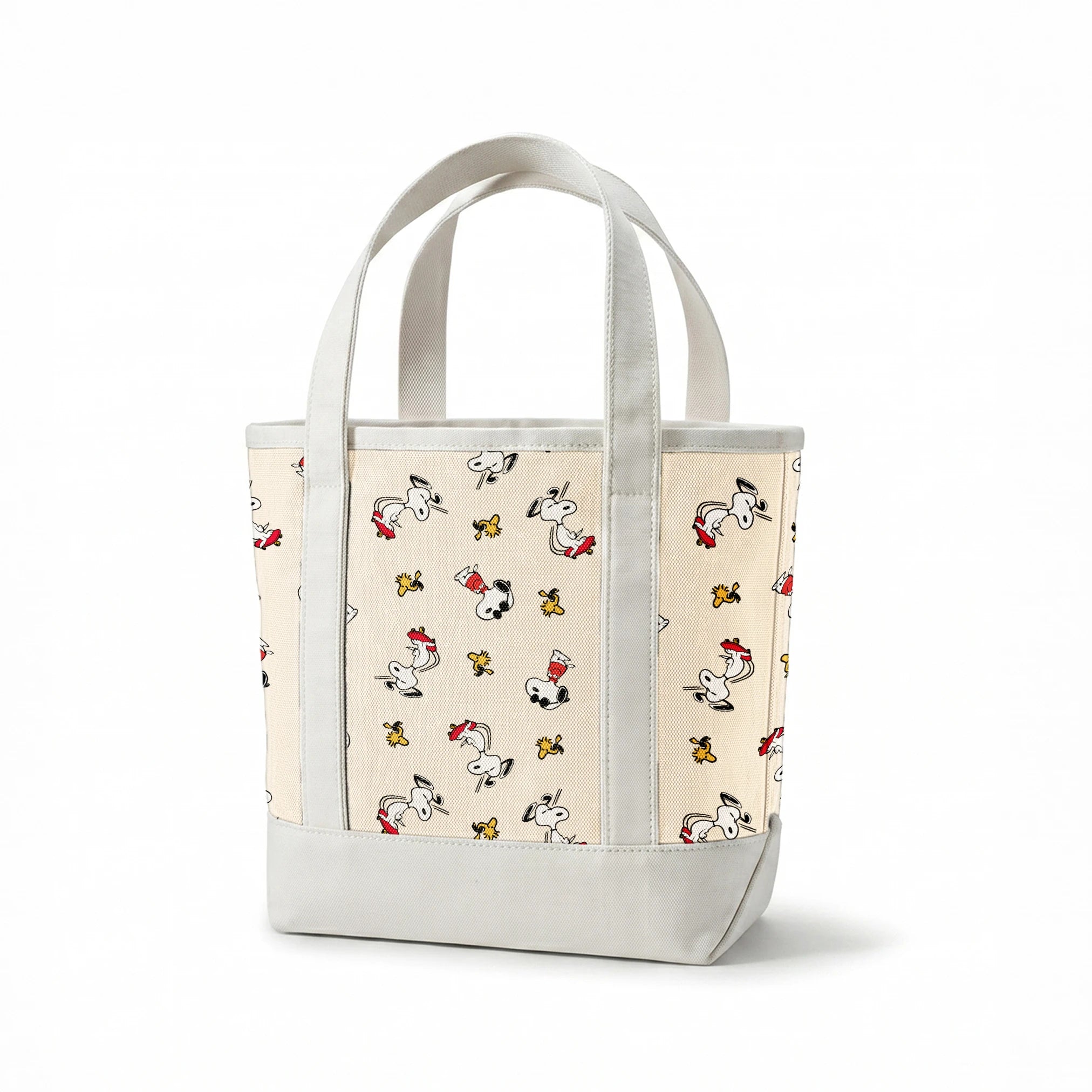 Snoopy and Woodstock on cream background, arranged in pattern springs canvastote mockup