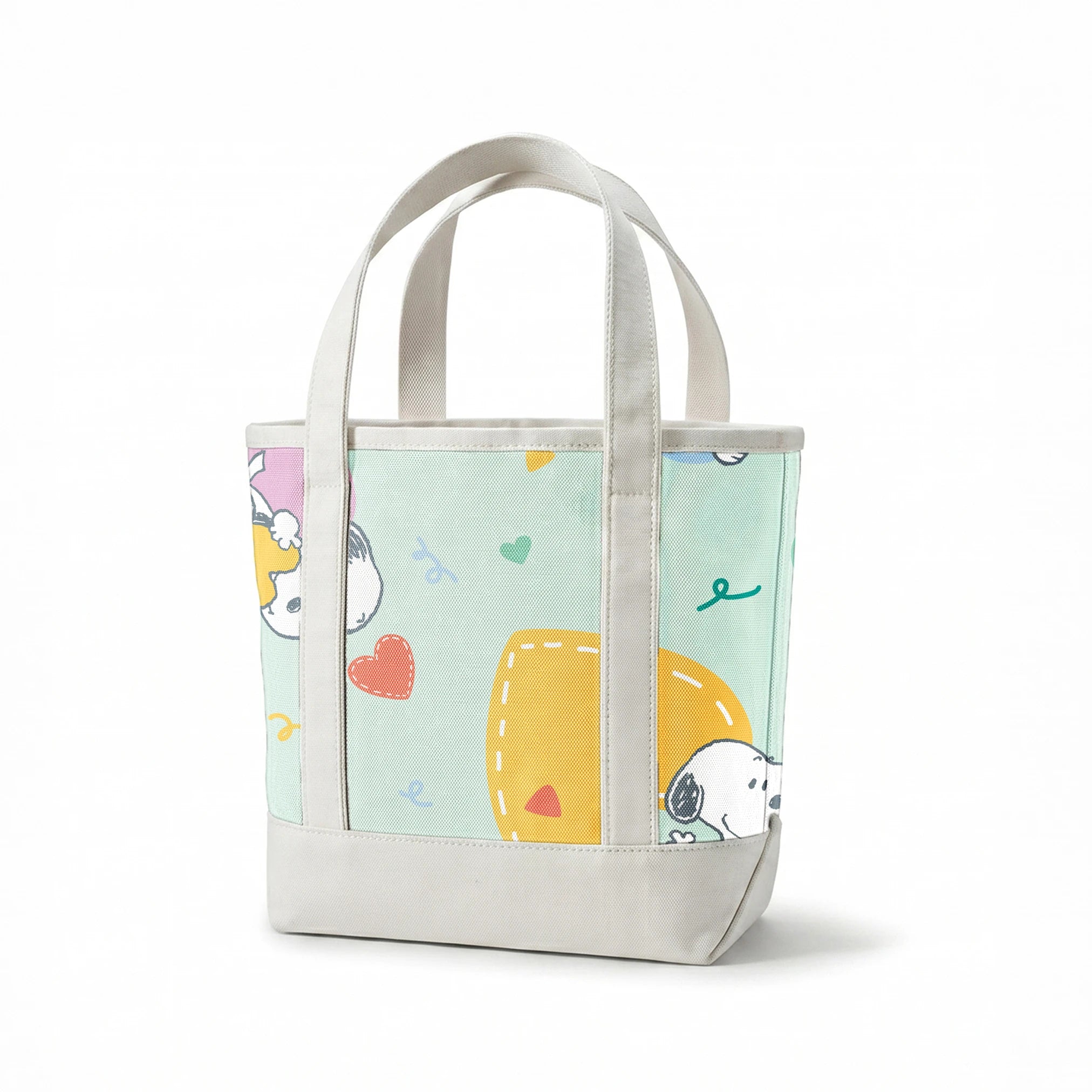 Cartoon Snoopy pattern with colorful hearts on mint green background, featuring different Snoopy poses springs canvastote mockup