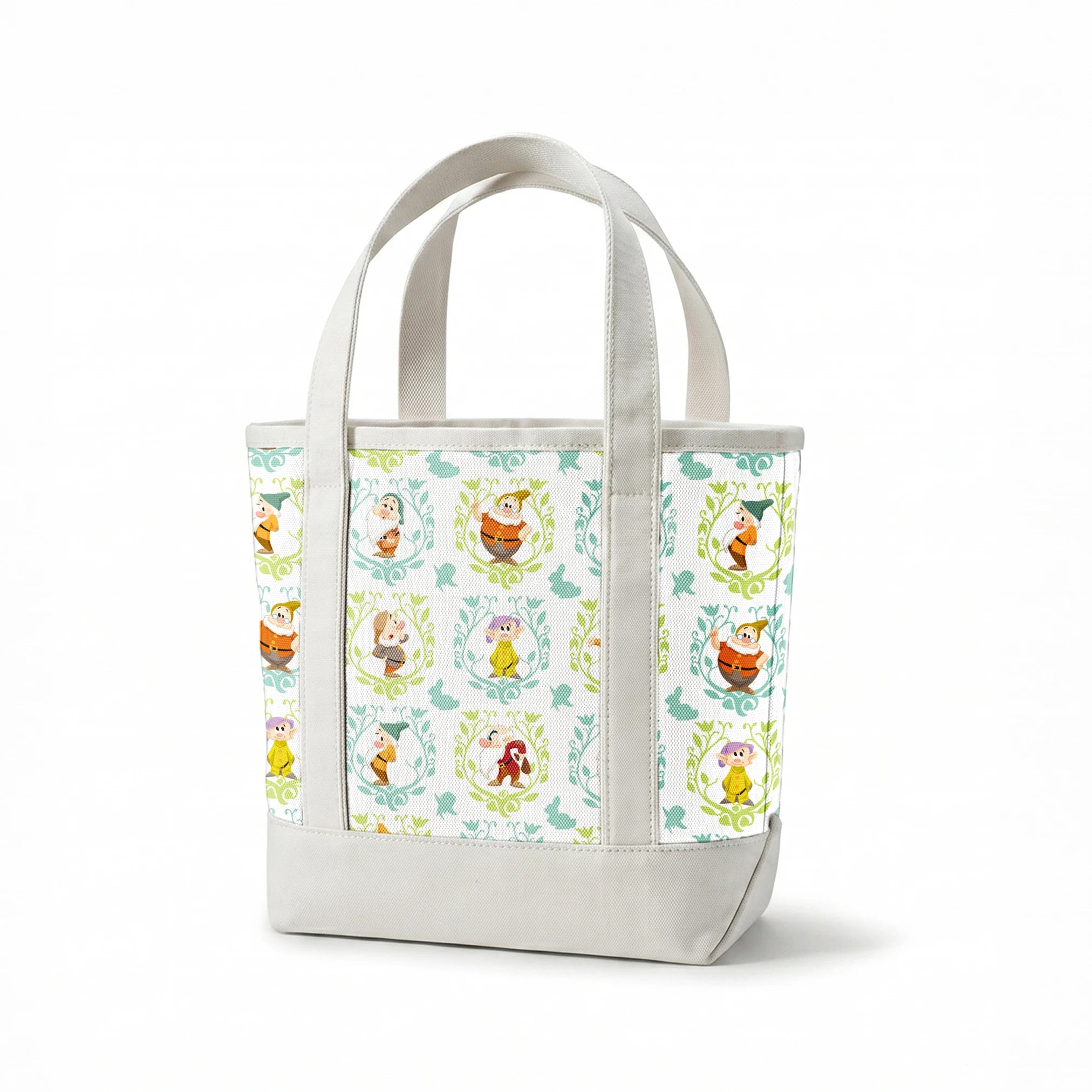 Cartoon pattern of Snow White's seven dwarfs in decorative floral frames on light background springs canvastote mockup