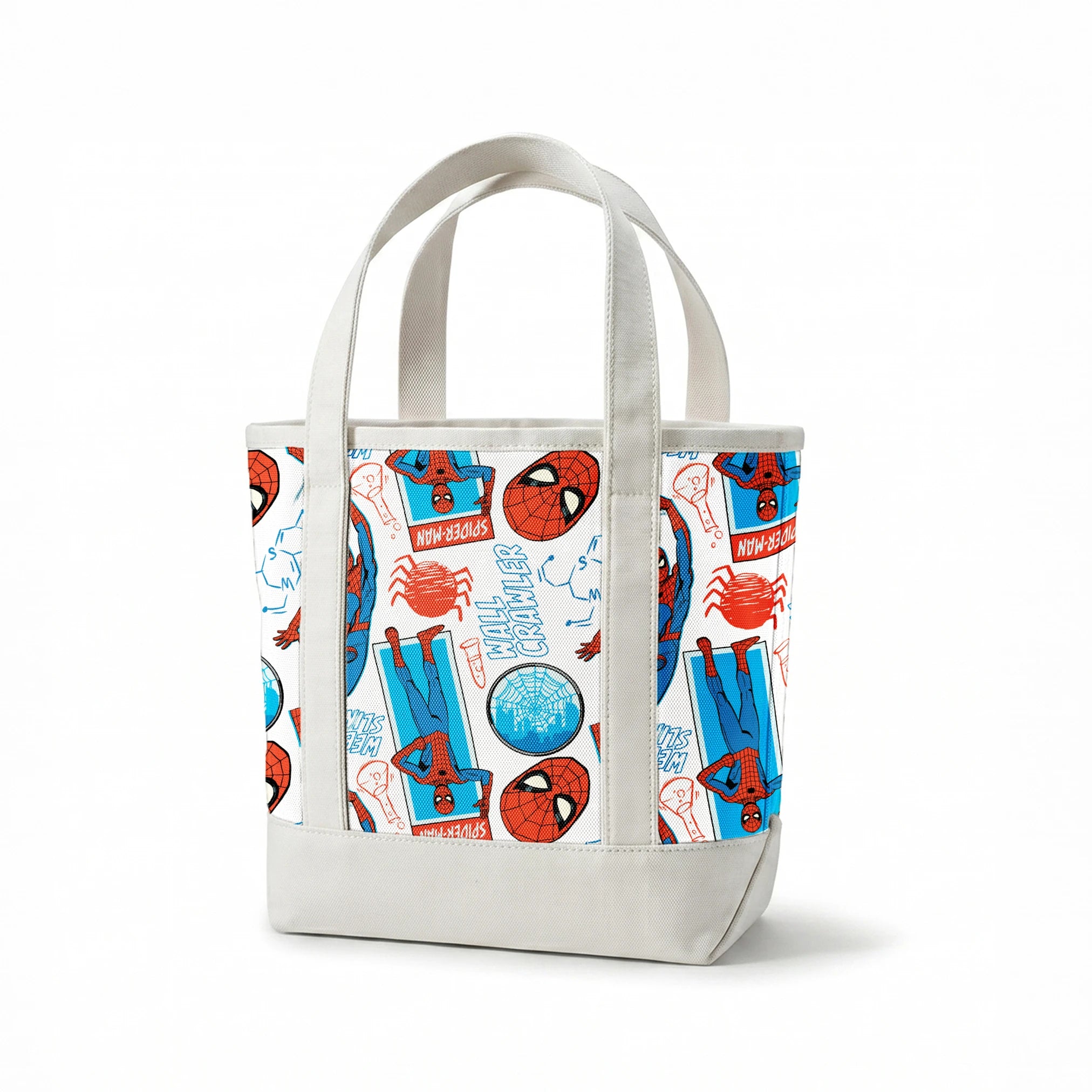 Comic-style Spider-Man pattern with red and blue figures in various poses, spider symbols, and text on white background springs canvastote mockup