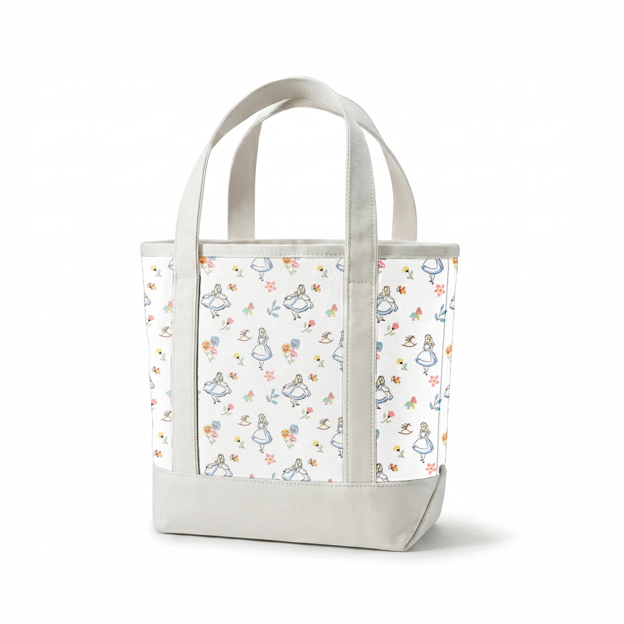Whimsical pattern featuring character in blue dress with flowers, mushrooms, and rocking horse springs canvastote mockup