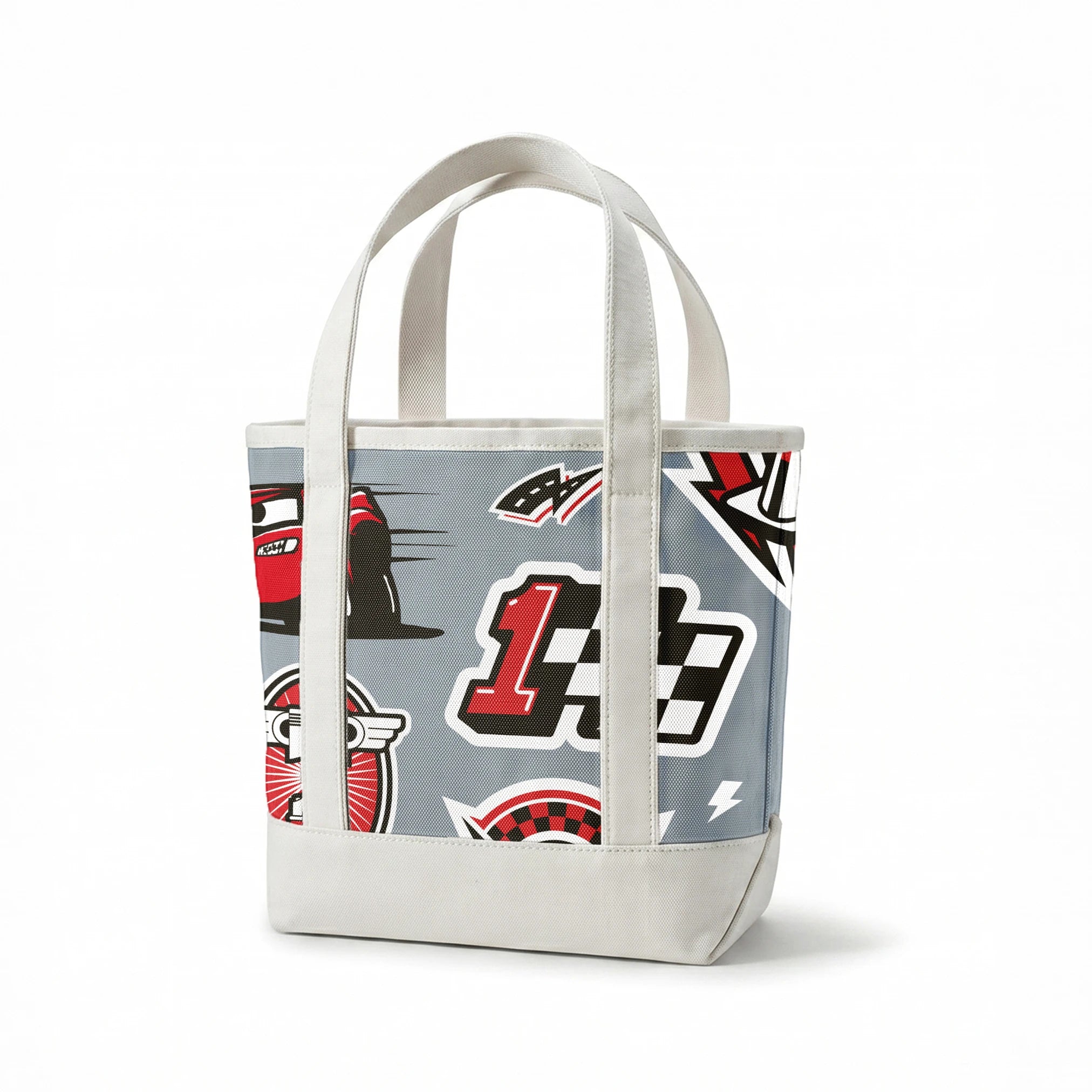 Racing pattern with red cars, checkered flags, speedometers, and racing emblems on gray background springs canvastote mockup