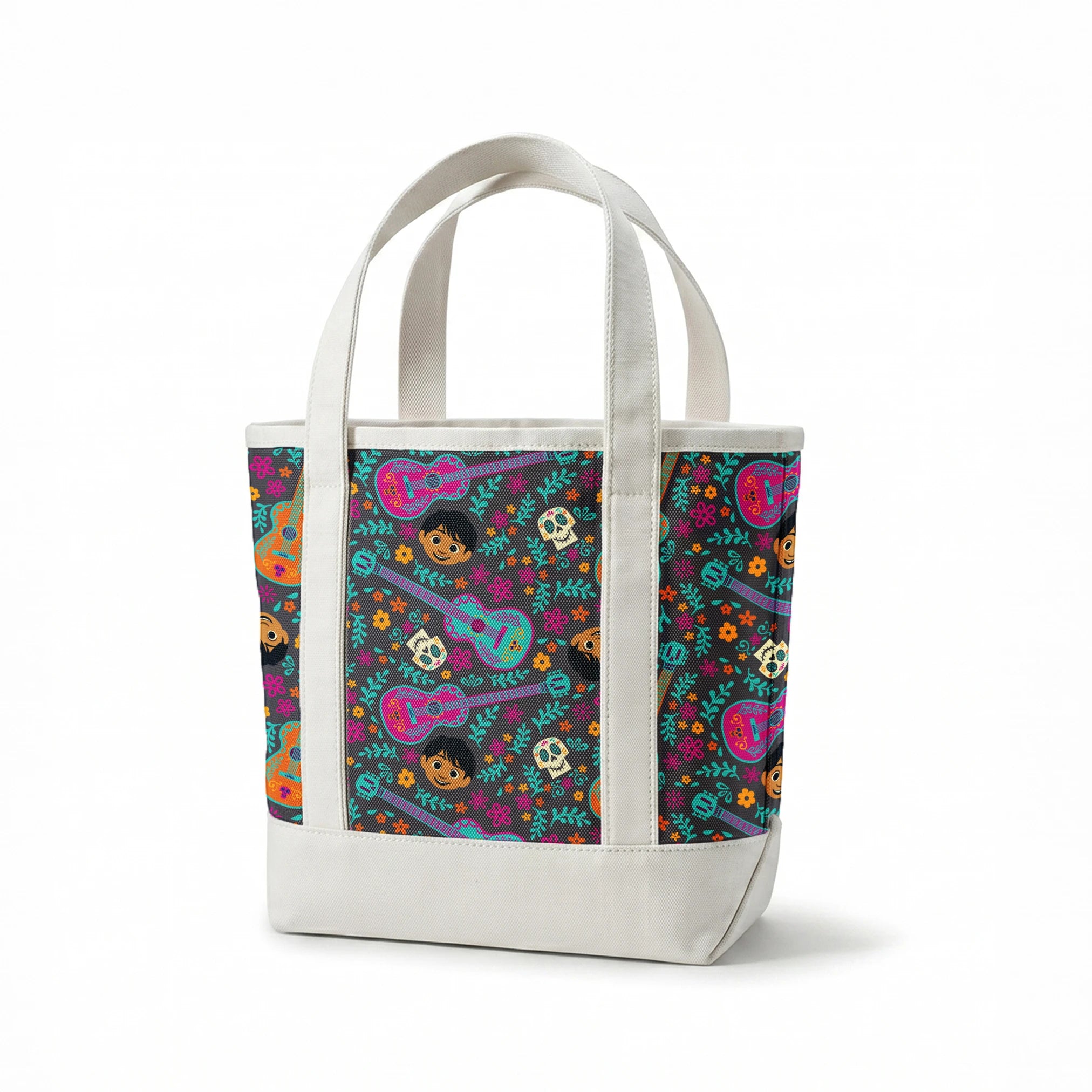 Colorful Coco pattern with decorative guitars, sugar skulls, cartoon characters, and floral elements on teal background. springs canvastote mockup
