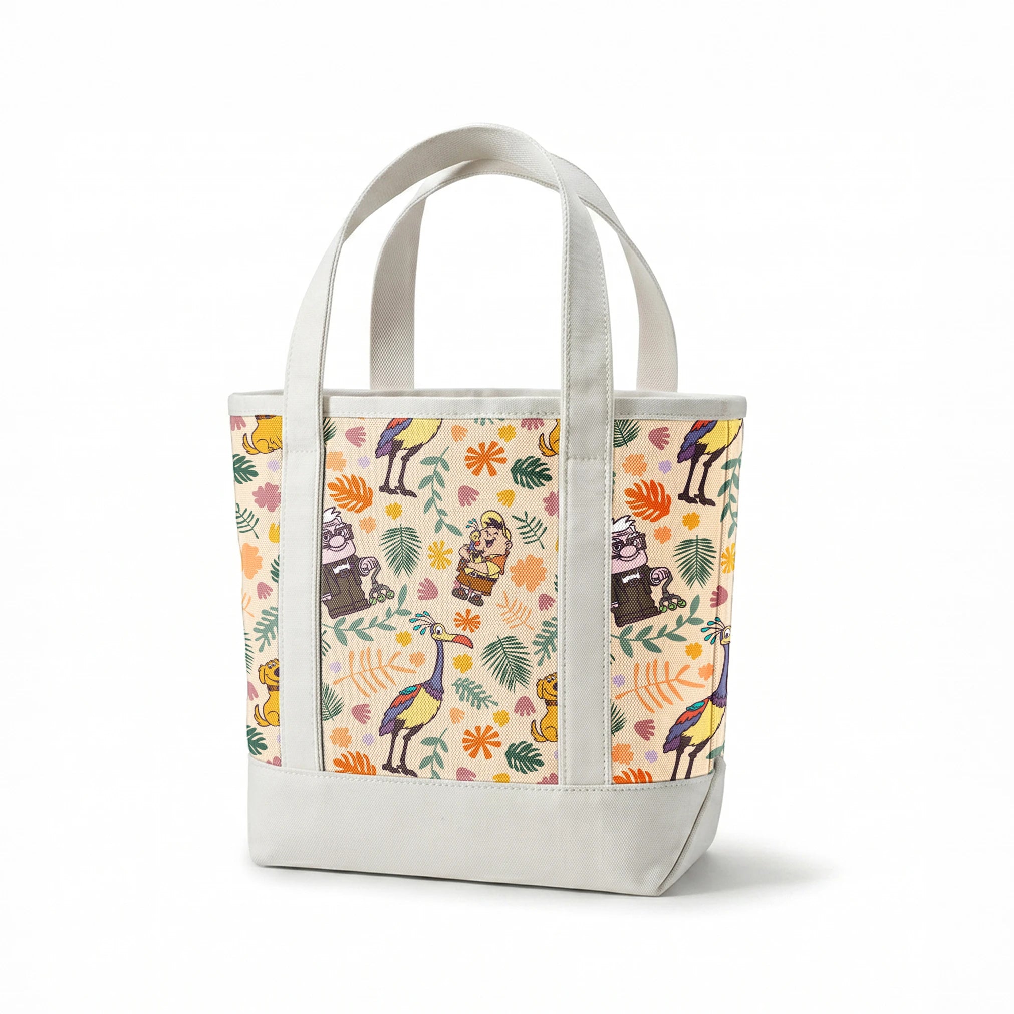 Whimsical cartoon pattern with colorful characters from Pixar's "Up" against floral background springs canvastote mockup