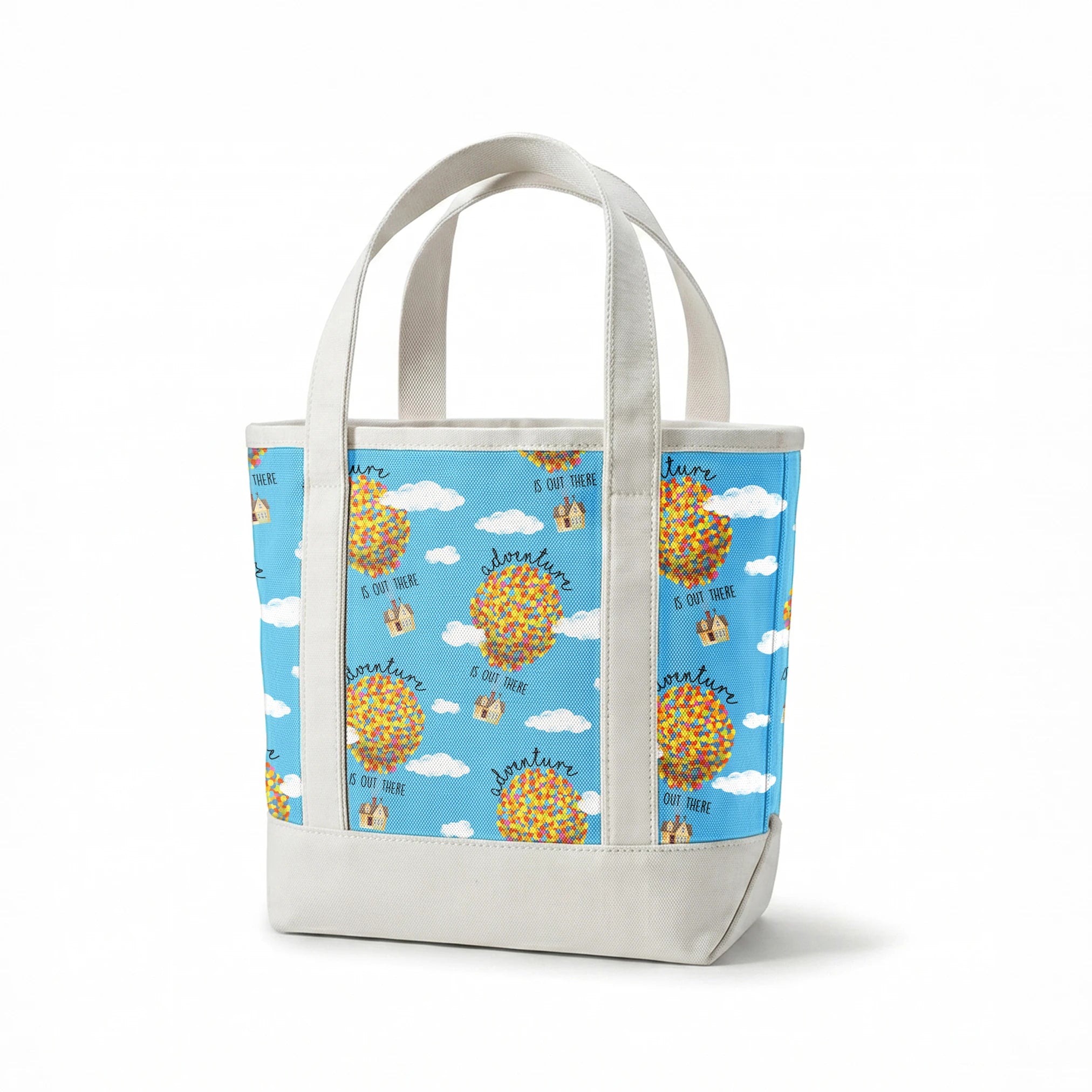 Colorful Up-inspired balloon houses floating in blue sky with text "Adventure is out there" repeating in pattern springs canvastote mockup