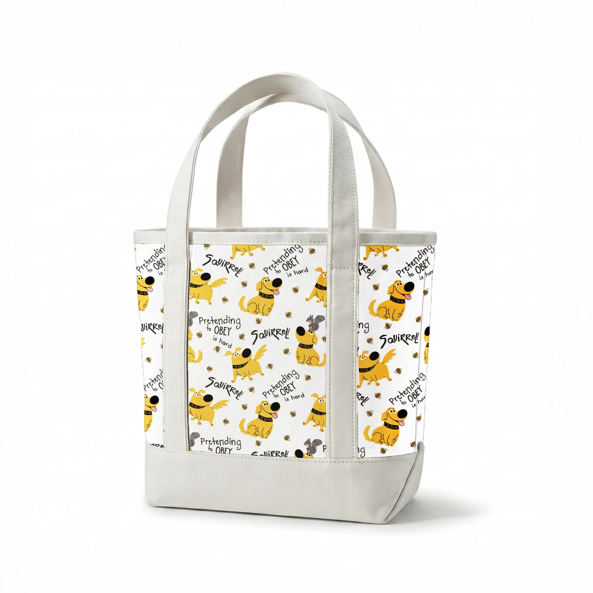 Cartoon Up-inspired dog with wings chasing bees, text "Pretending to OBEY is hard" and "SQUIRREL! springs canvastote mockup