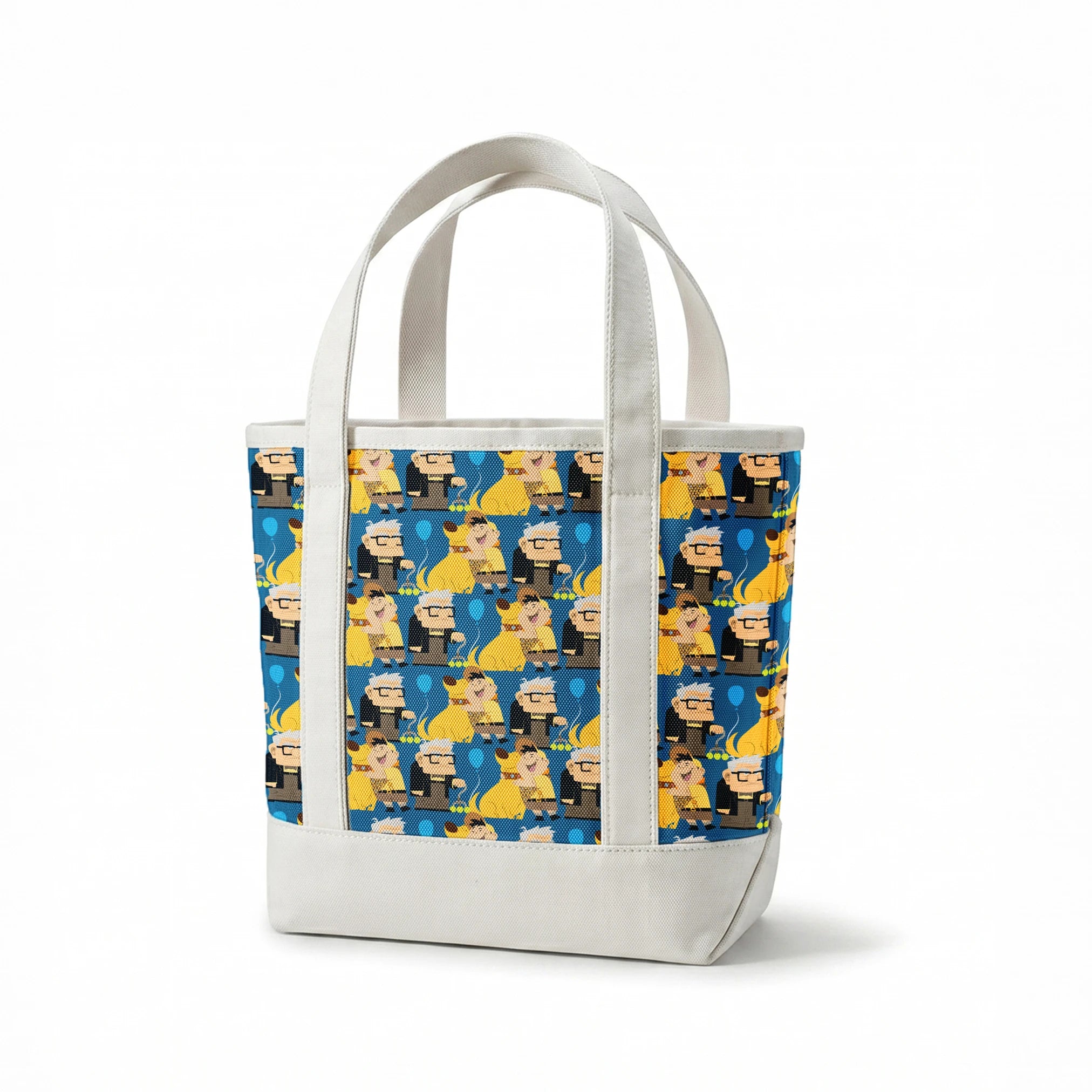 Cartoon pattern featuring characters from Pixar's "Up" with blue balloons, yellow dogs, and scouts springs canvastote mockup